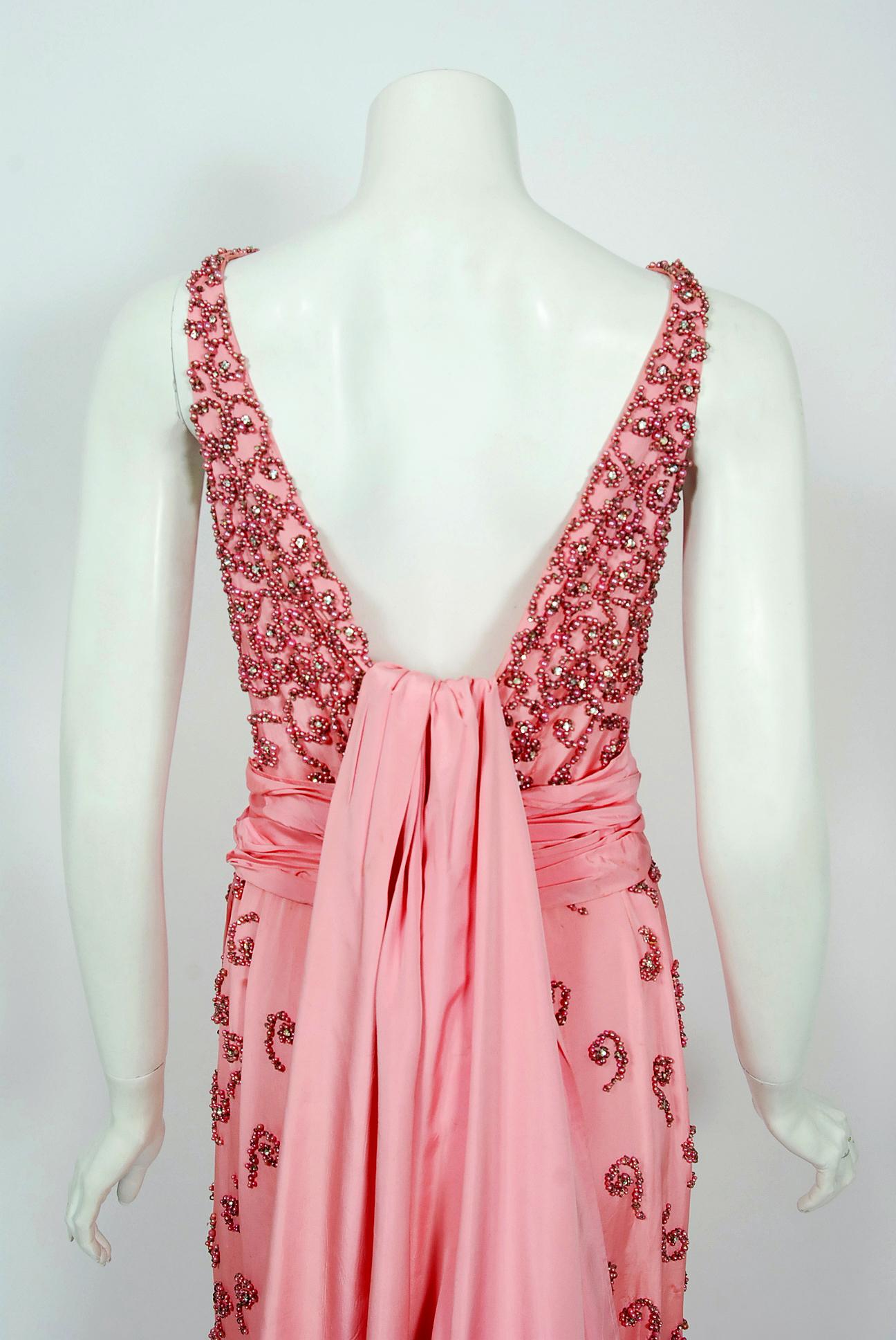 Vintage 1950s Pedro Rodriguez Couture Pink Beaded Silk Hourglass Trained Gown 4