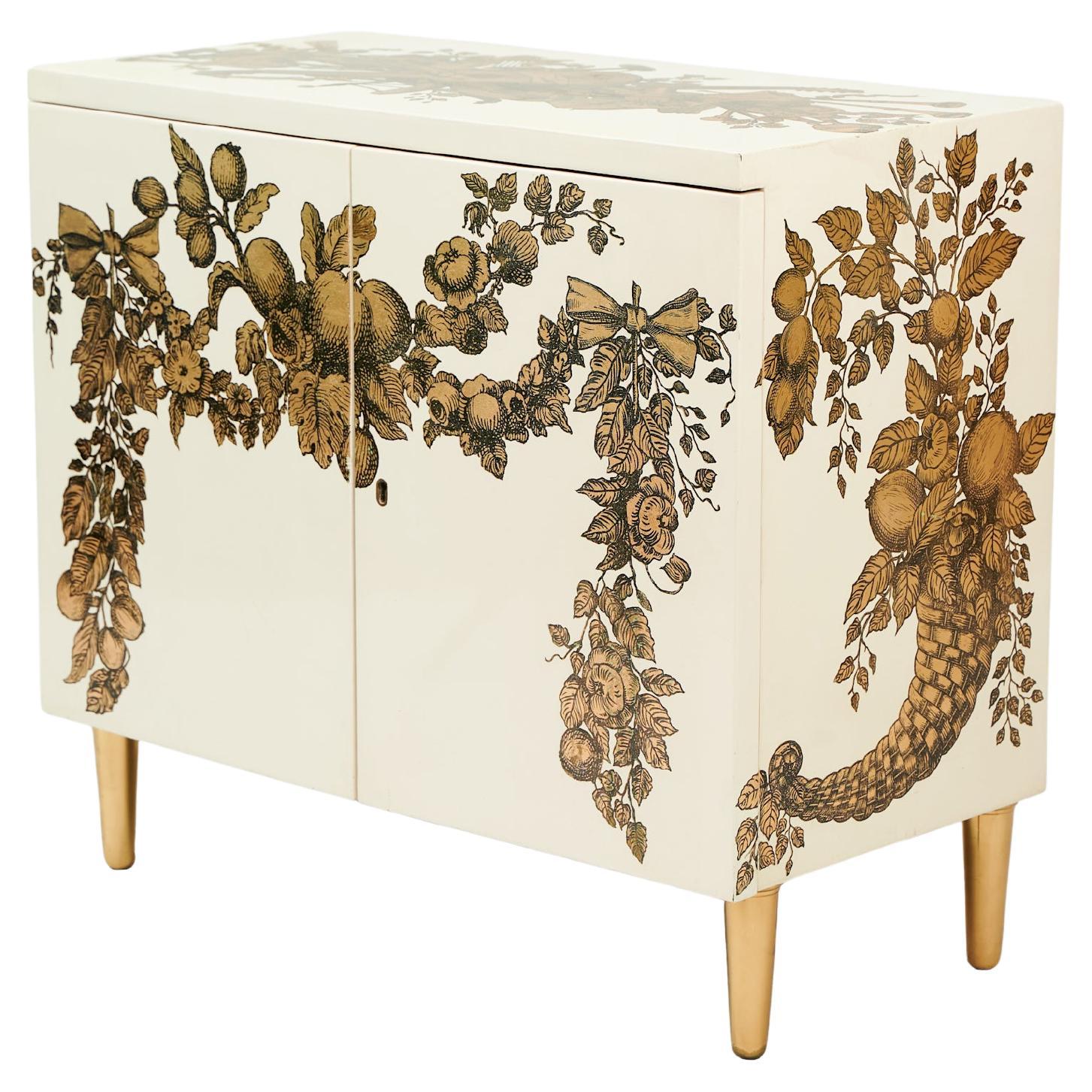 1955 Piero Fornasetti Cabinet Printed Wood Brass Lacquer Gold Cream Italian