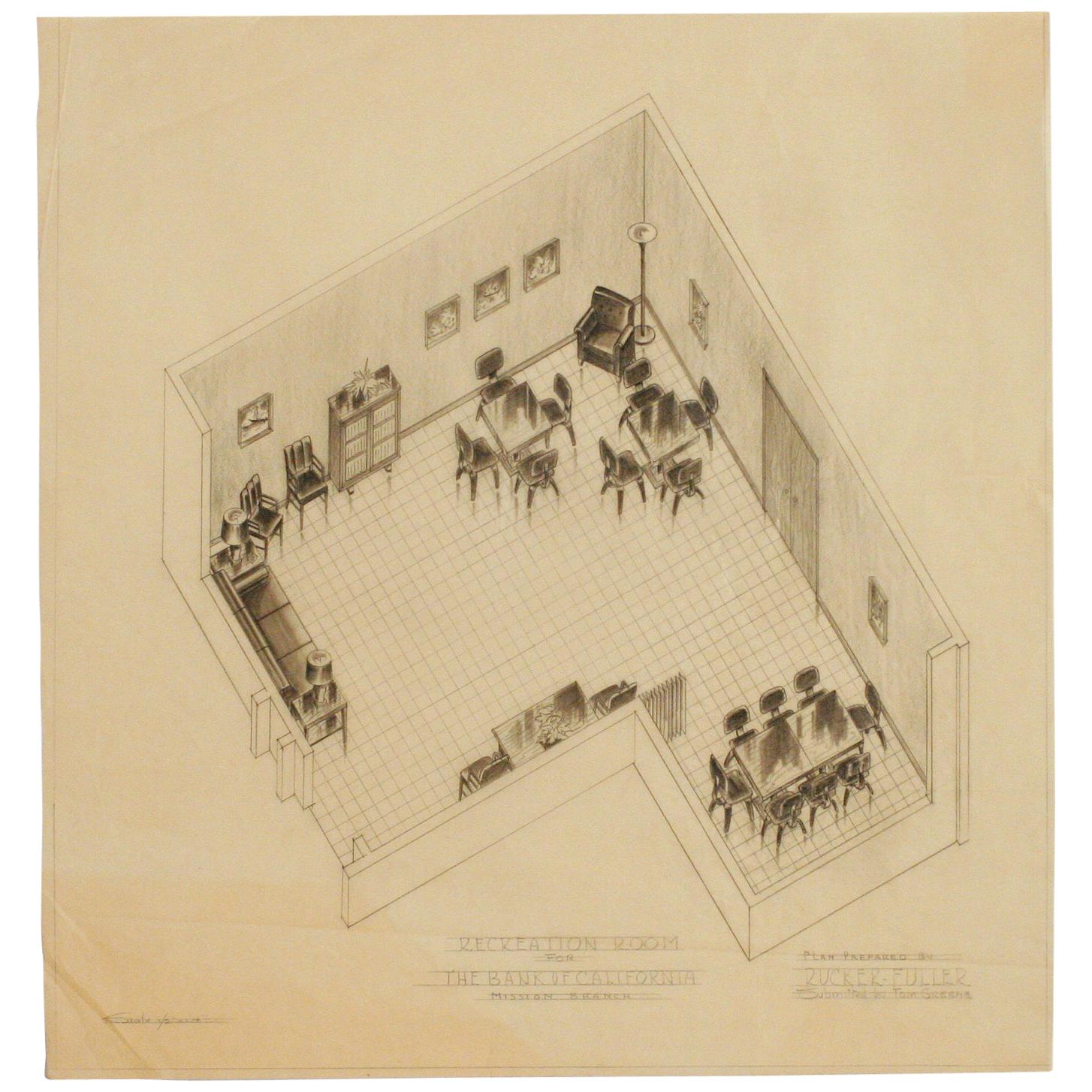 1955 Recreation Room Architectural Rendering by Rucker Fuller For Sale