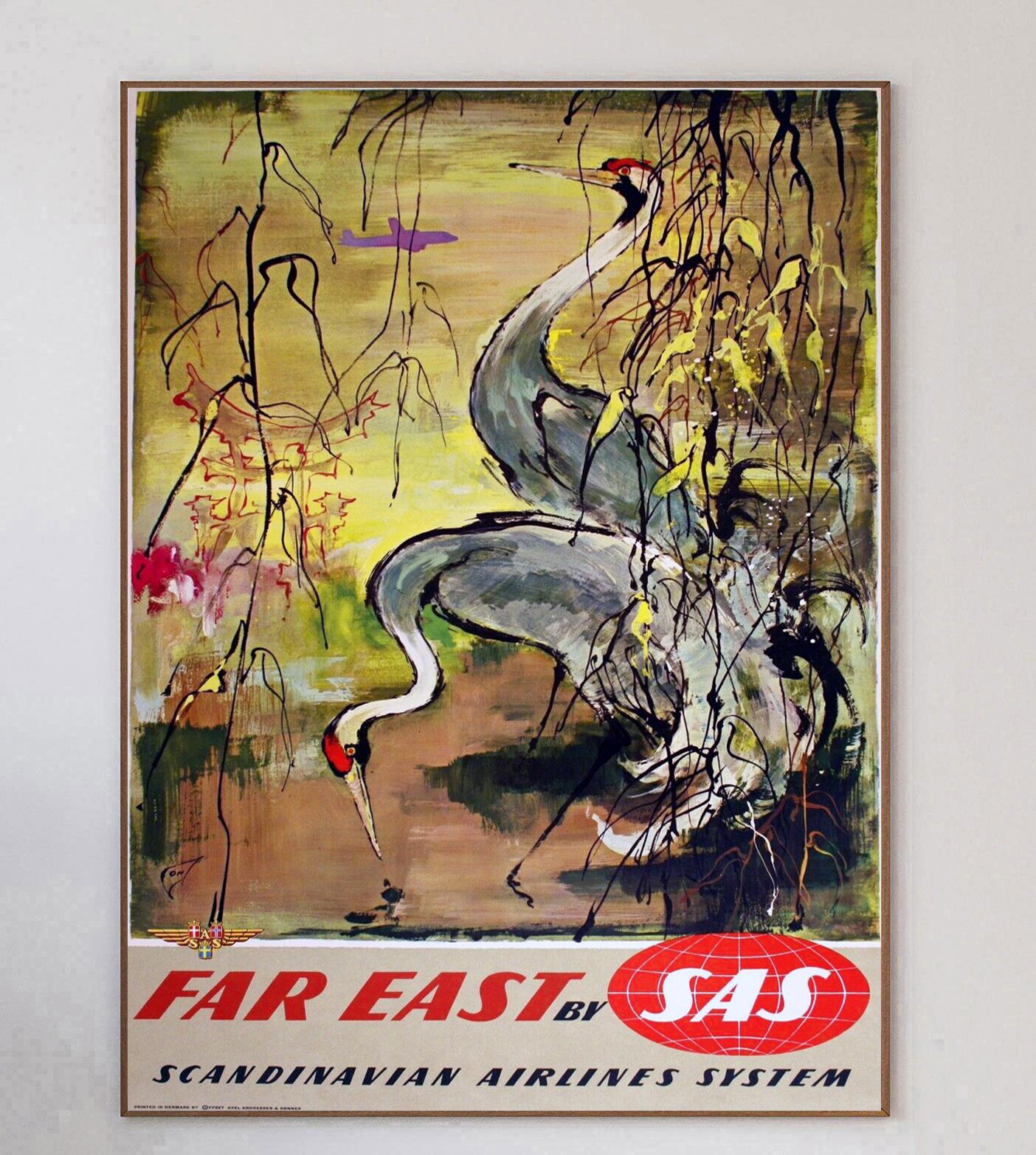 With fabulous artwork from Danish artist Otto Nielsen who worked on many SAS posters of the era, this poster promoting the Scandinavian airlines routes to the Far East was created in 1955. Founded in 1946, Scandinavian Airline System or SAS is the