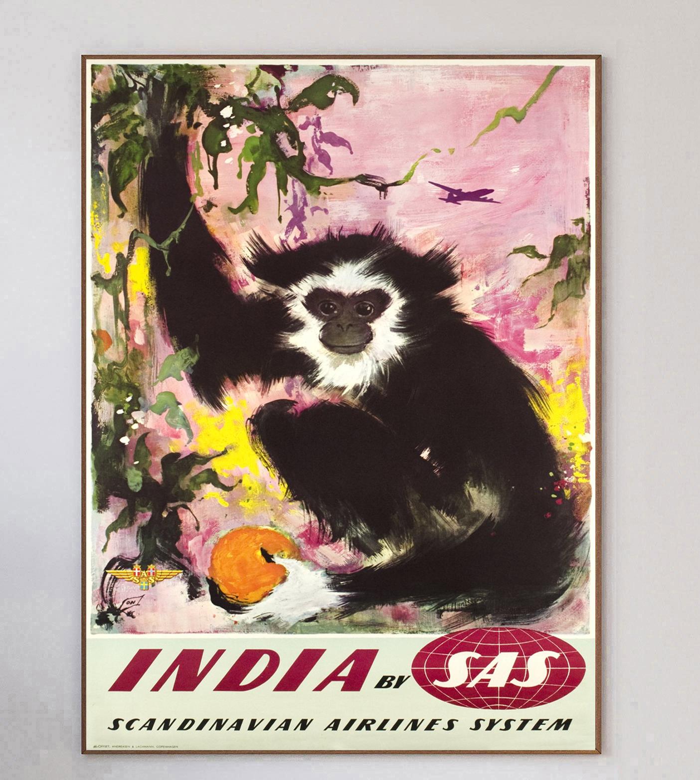 With fabulous artwork from Danish artist Otto Nielsen who worked on many SAS posters of the era, this poster promoting the Scandinavian airlines routes to India was created in 1955. Founded in 1946, Scandinavian Airline System or SAS is the flag