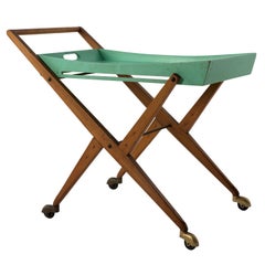 1955 Serving Cart by Angelo Ostuni for Frangi, Green Painting and Elm Tree Wood