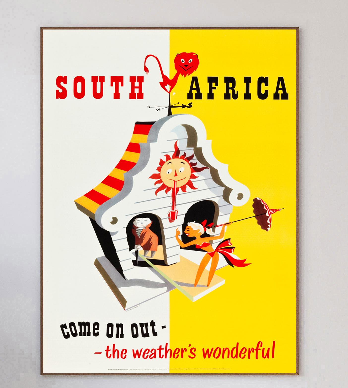 Wunderschönes Plakat, das 1955 vom südafrikanischen Fremdenverkehrsamt produziert wurde, um Touristen und Besucher aufzufordern, nach Südafrika zu kommen, denn 