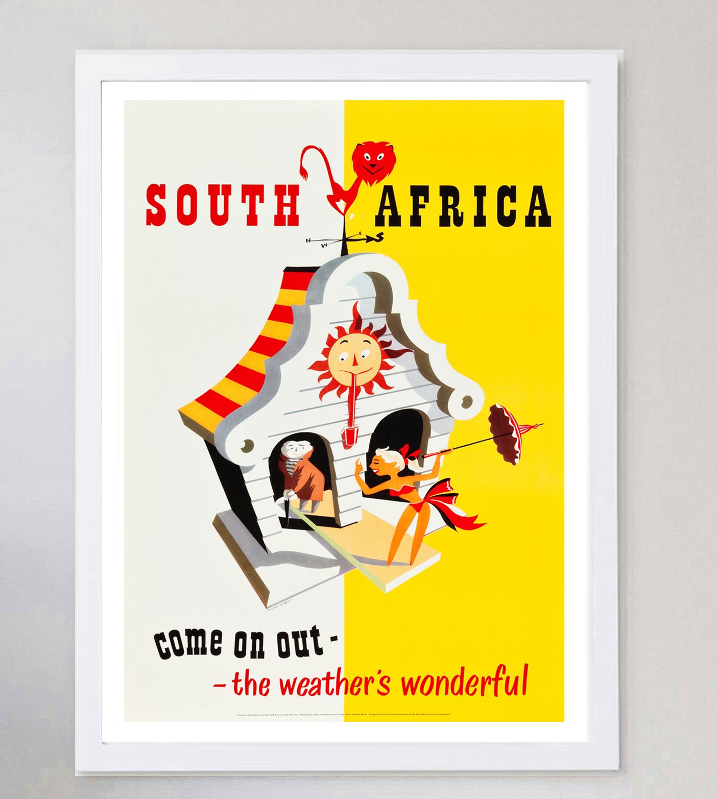 1955 South Africa, Come on Out, the Weather's Wonderful Original Vintage Poster In Good Condition For Sale In Winchester, GB