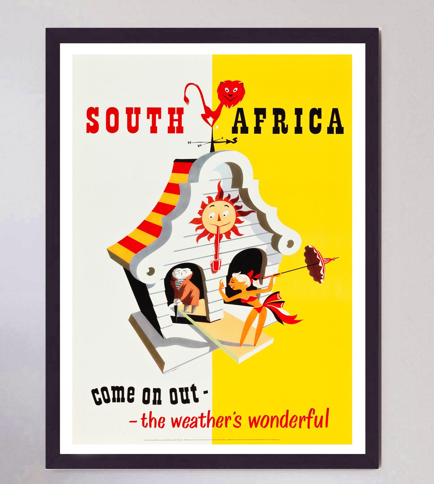 1955 Südafrika – Come On Out, The Weather's Wonderful Original-Vintage-Poster (Mitte des 20. Jahrhunderts) im Angebot