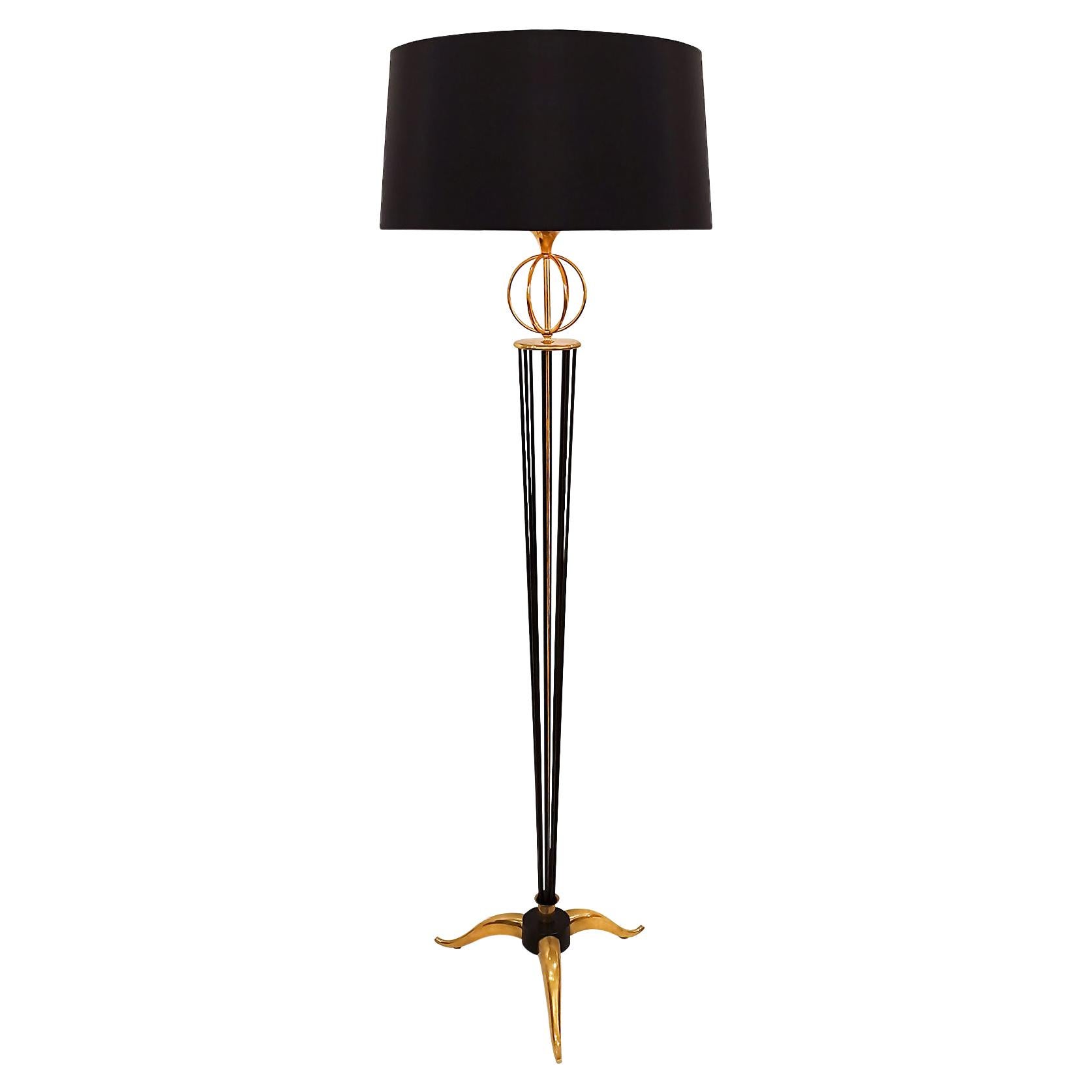 1955 Standing Lamp by Arlus, Lacquered Steel, Bronze and Black Silk, France