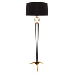 1955 Standing Lamp by Arlus, Lacquered Steel, Bronze and Black Silk, France