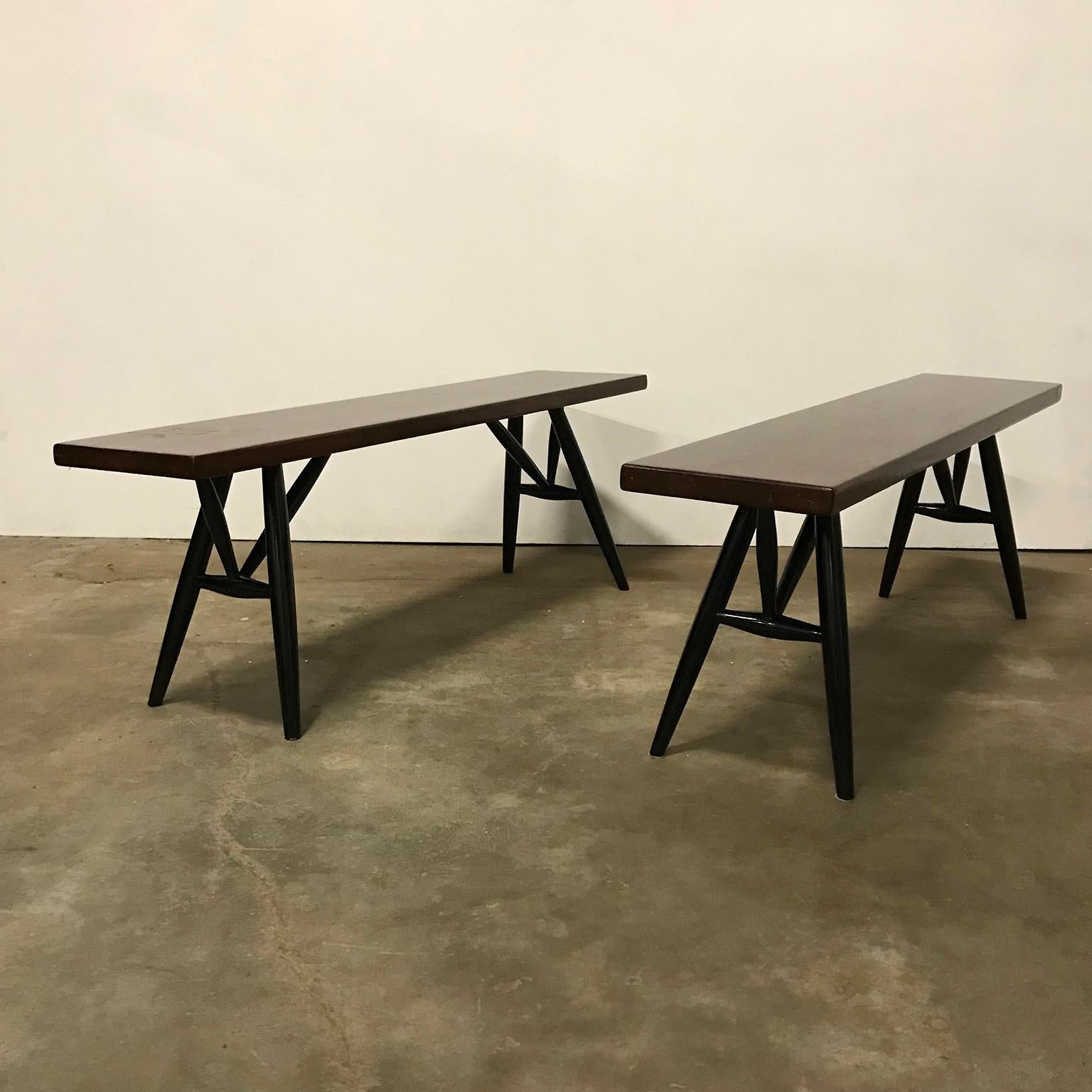Two Pirkka benches with beautiful red brown wooden top. The benches are in good condition with some traces of wear like just some scratches and tiny damages (pictures #15 and #16). Also some white paint stains at the side (#17 and #18), which can be
