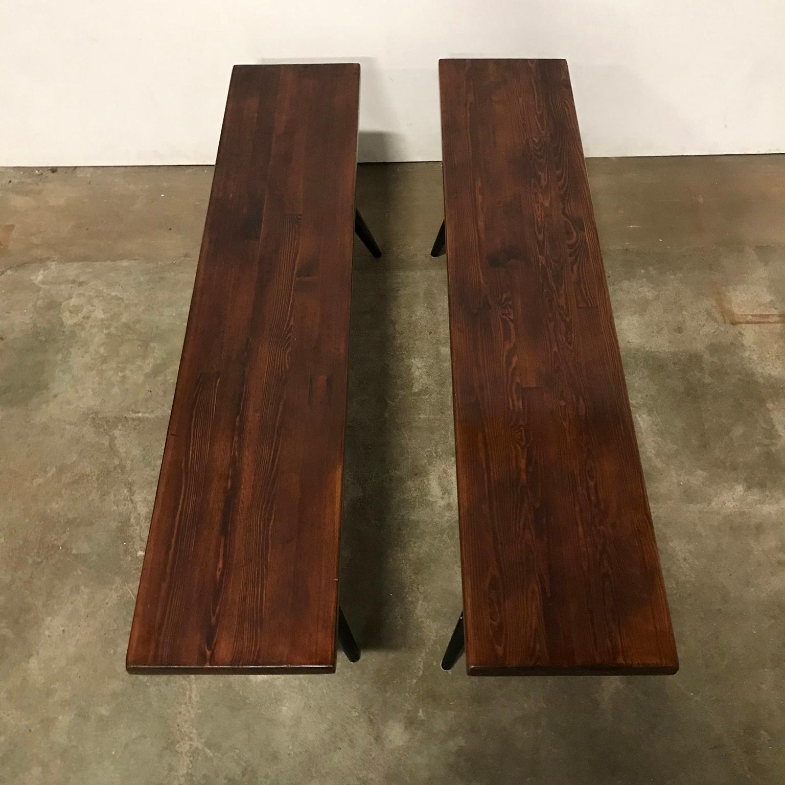 1955, Tapiovaara, Two Pretty Rare Pirkka Benches; Red Brown Wooden Top 2