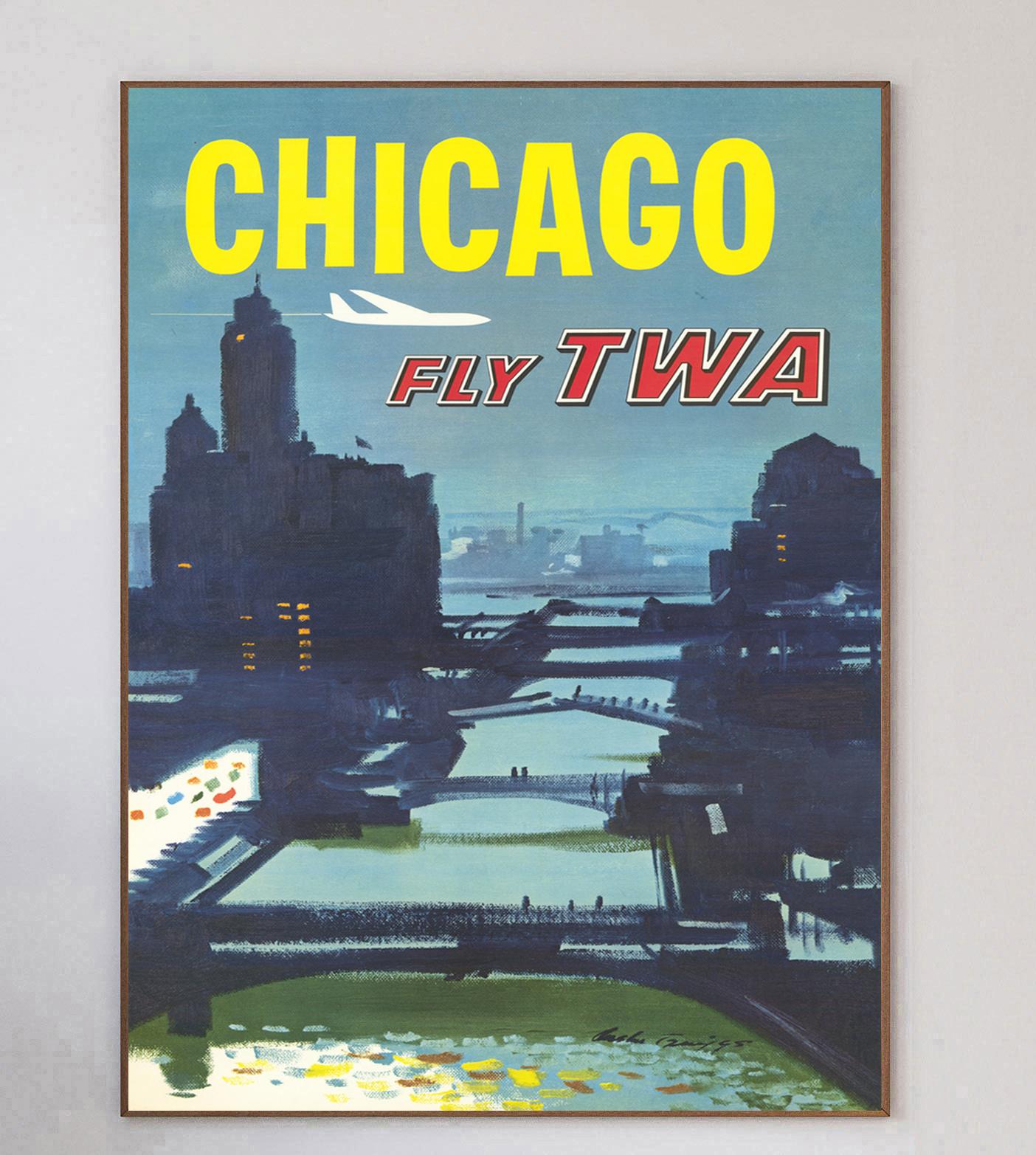 This poster was created in 1955 for Howard Hughes’ Trans World Airlines promoting their routes to Chicago. Illustrated by American artist Austin Briggs, this design features a wonderful view of the bridges along the Chicago River at dawn. 

This