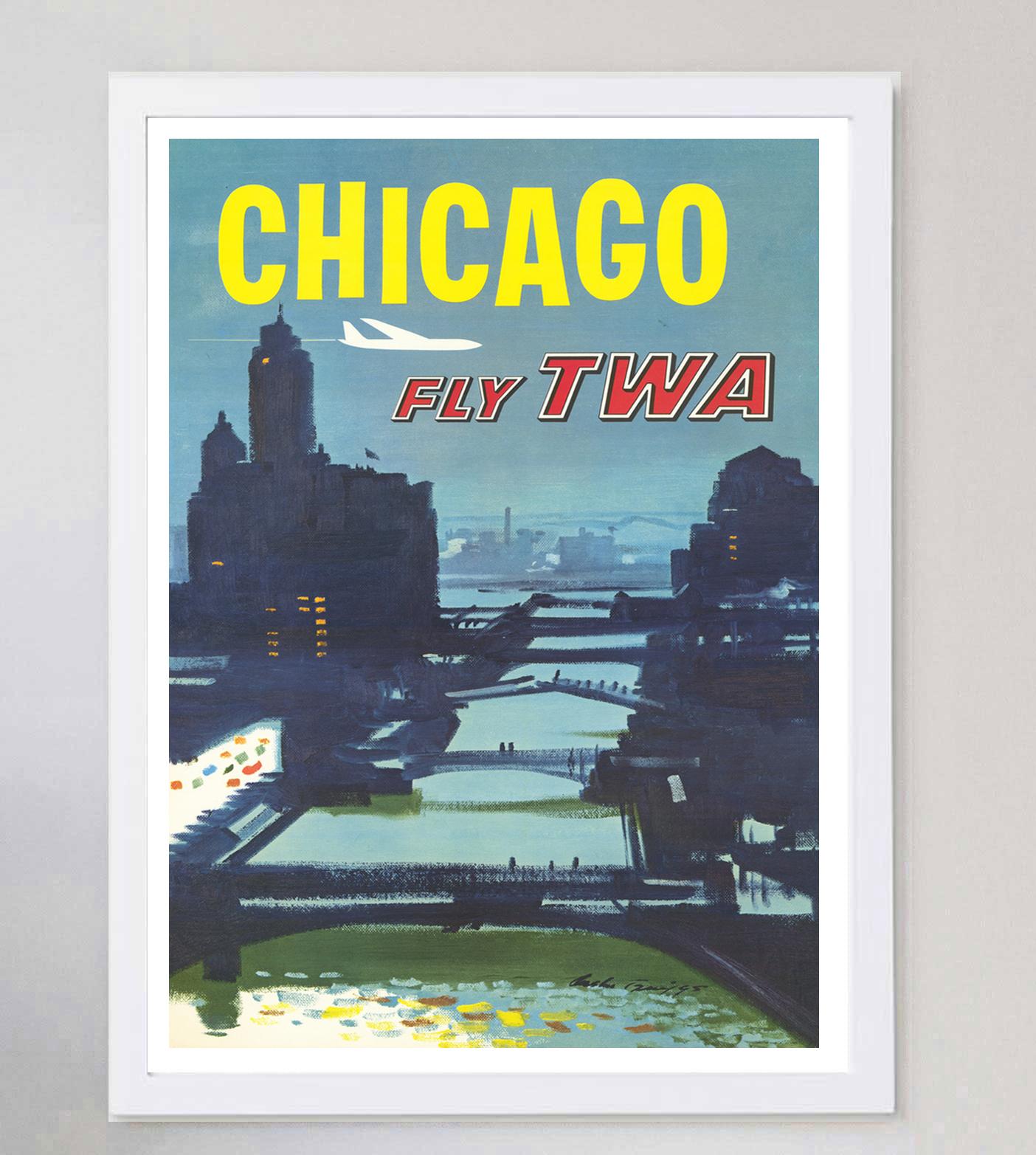1955 TWA, Chicago Original Vintage Poster In Good Condition For Sale In Winchester, GB