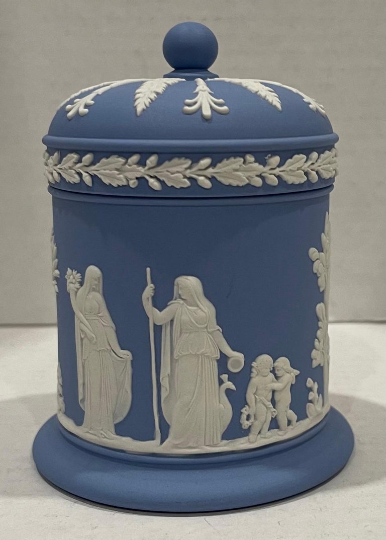 wedgwood tobacco jar Vintage Blue & White Jasperware 4 1/2 With Lid; Mint Vintage Wedgwood Blue & White