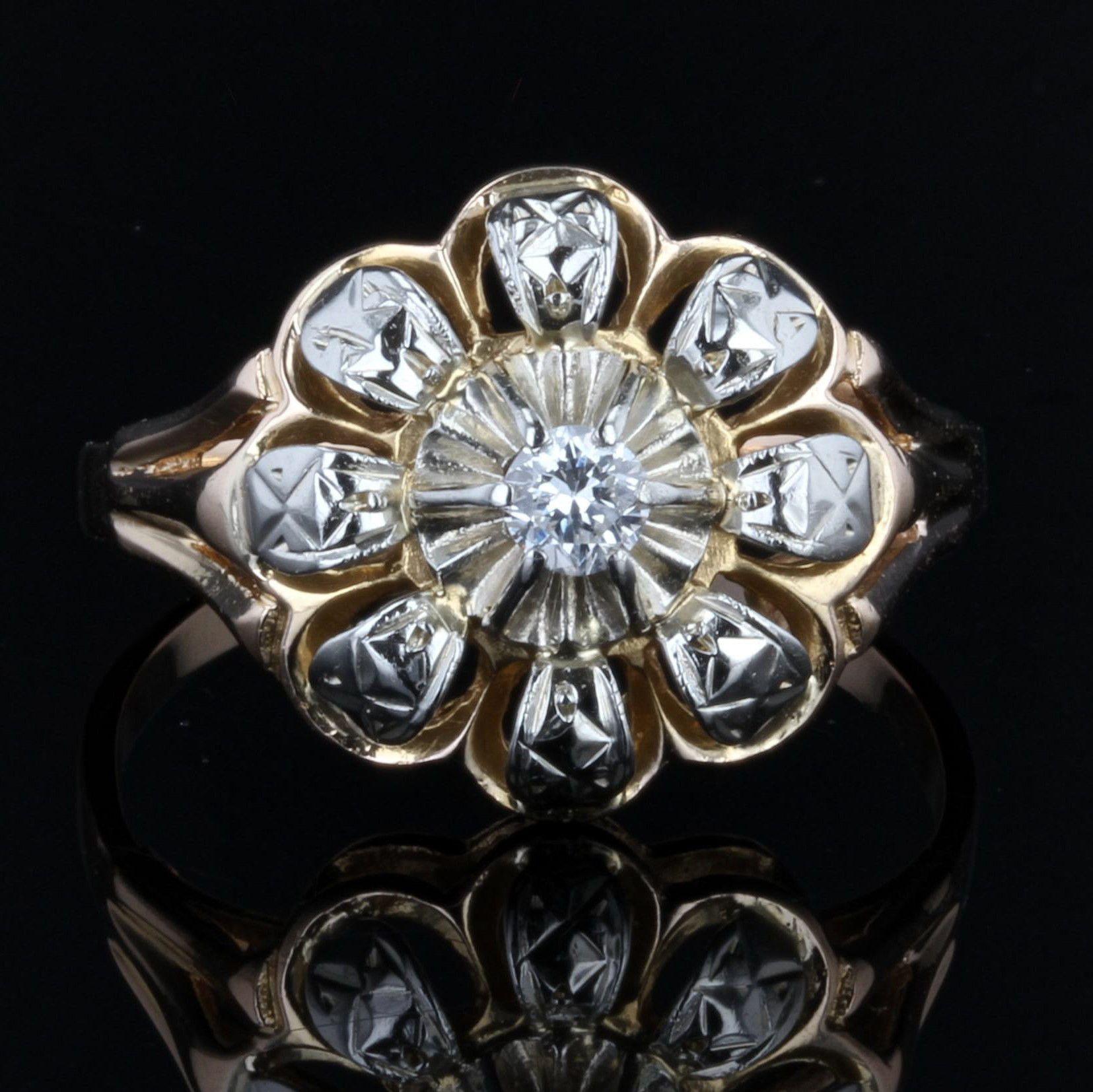 18 Karat Gelbgold Blumenring mit Diamanten, 1955er Jahre (Retro)