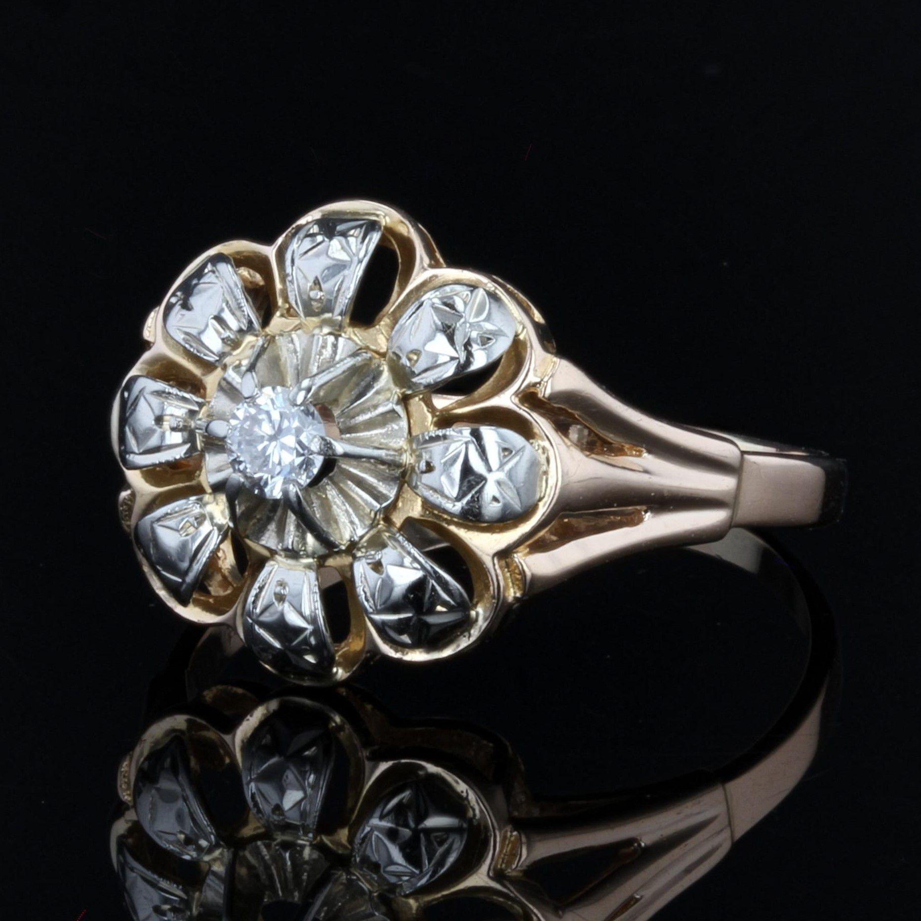 18 Karat Gelbgold Blumenring mit Diamanten, 1955er Jahre (Brillantschliff)