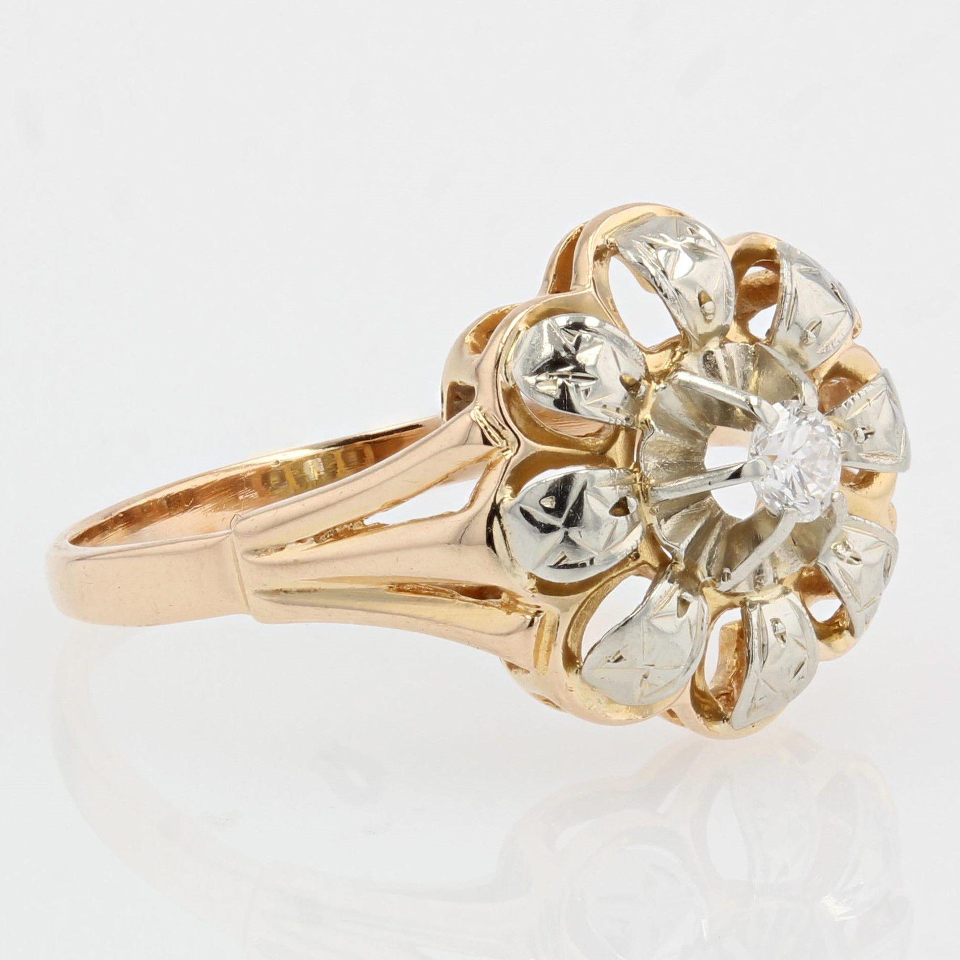 18 Karat Gelbgold Blumenring mit Diamanten, 1955er Jahre 2