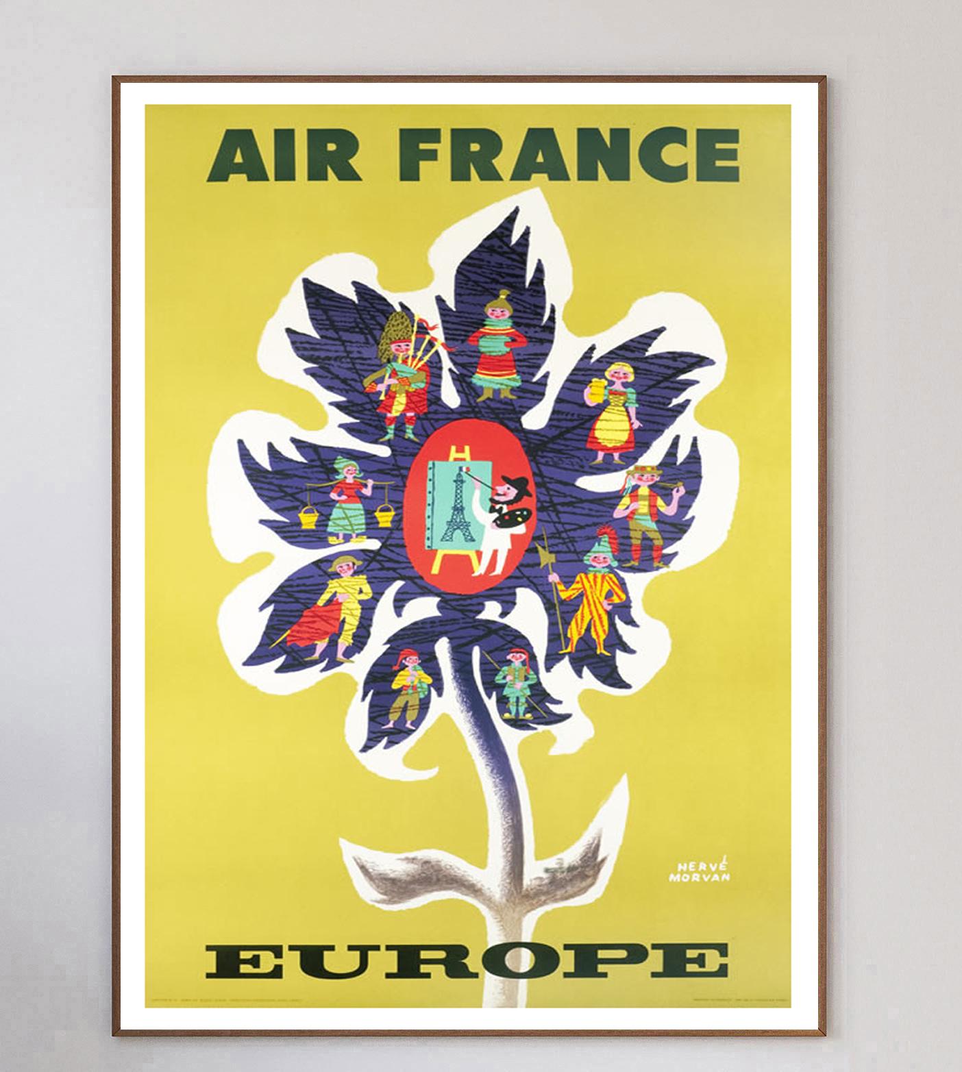 Réalisée par le peintre français Hervé Morvan, cette affiche promouvant les lignes d'Air France vers l'Europe a été créée en 1956. Air France a été créée en 1933 à la suite de la fusion de plusieurs compagnies aériennes françaises et reste