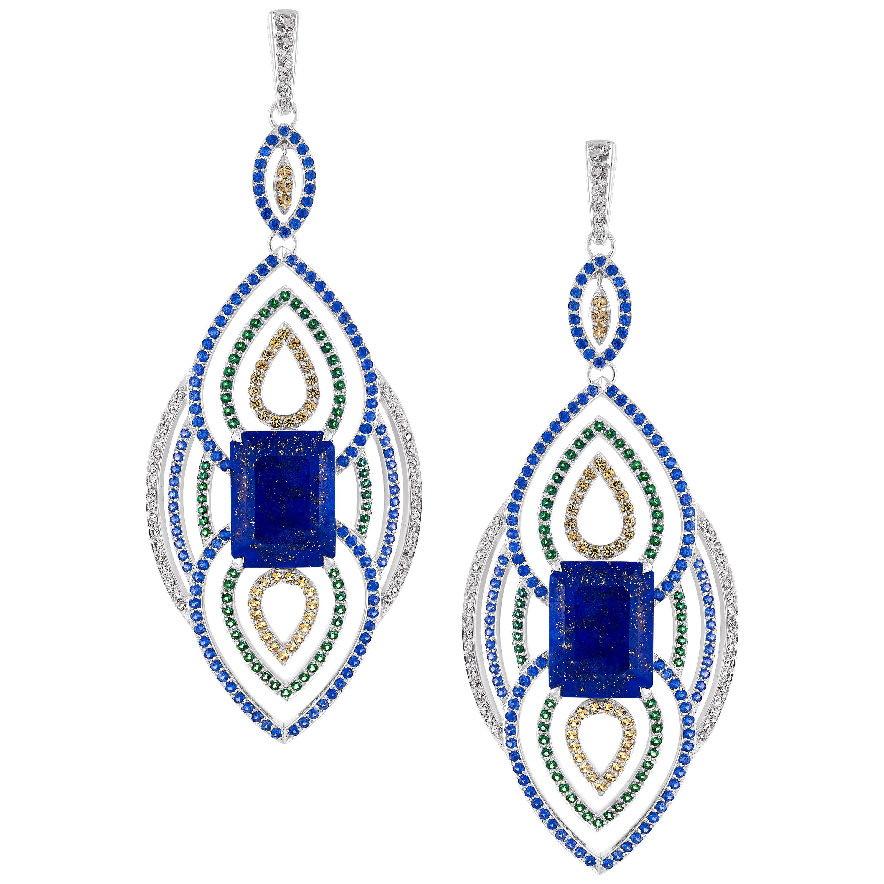 19.56 Carat Lapis with Blue and Green Sapphire Diamond Earrings in 18 Karat Gold