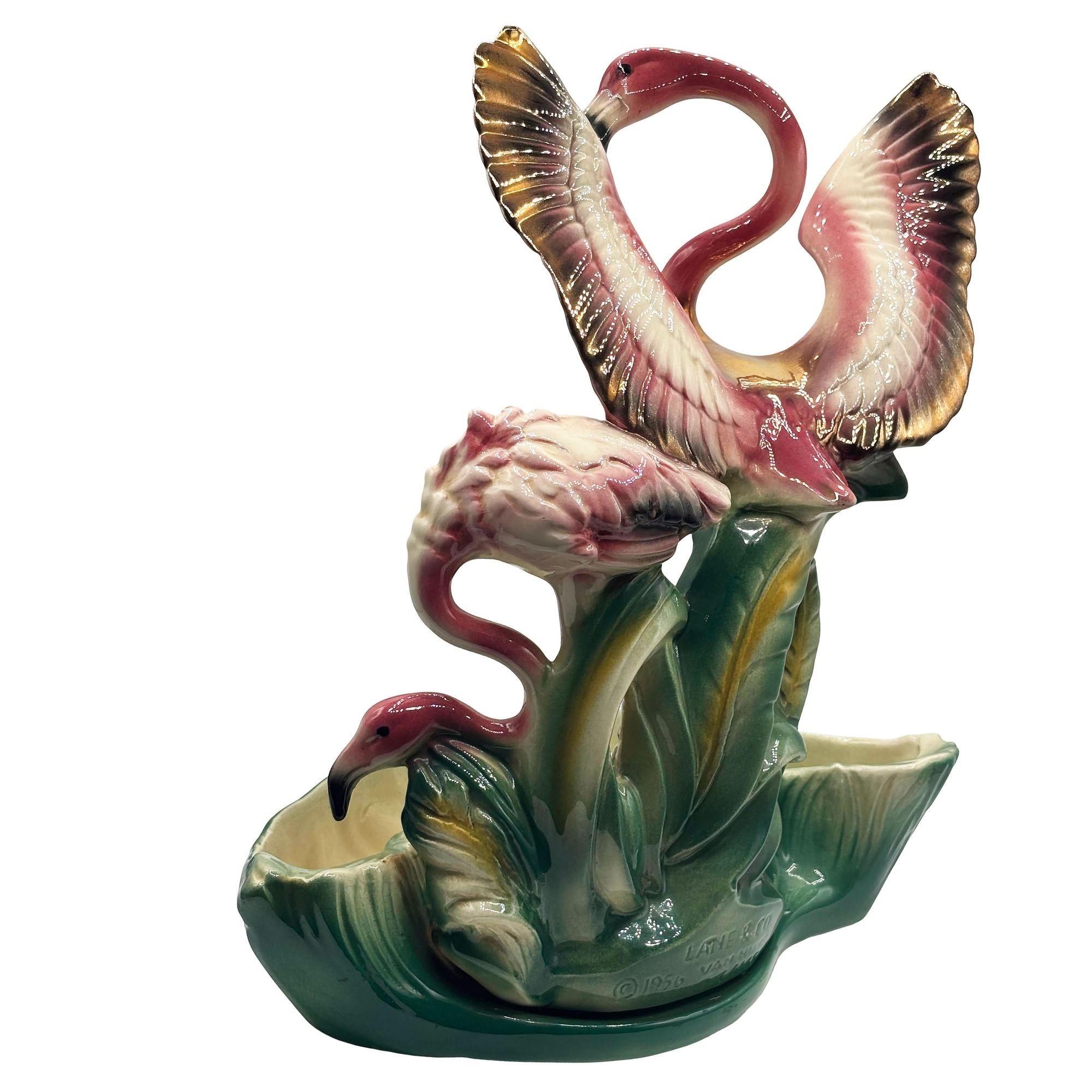 American 1956 Ceramic Flamingo Tropical Pond Indoor Planter by Lane & Company California For Sale