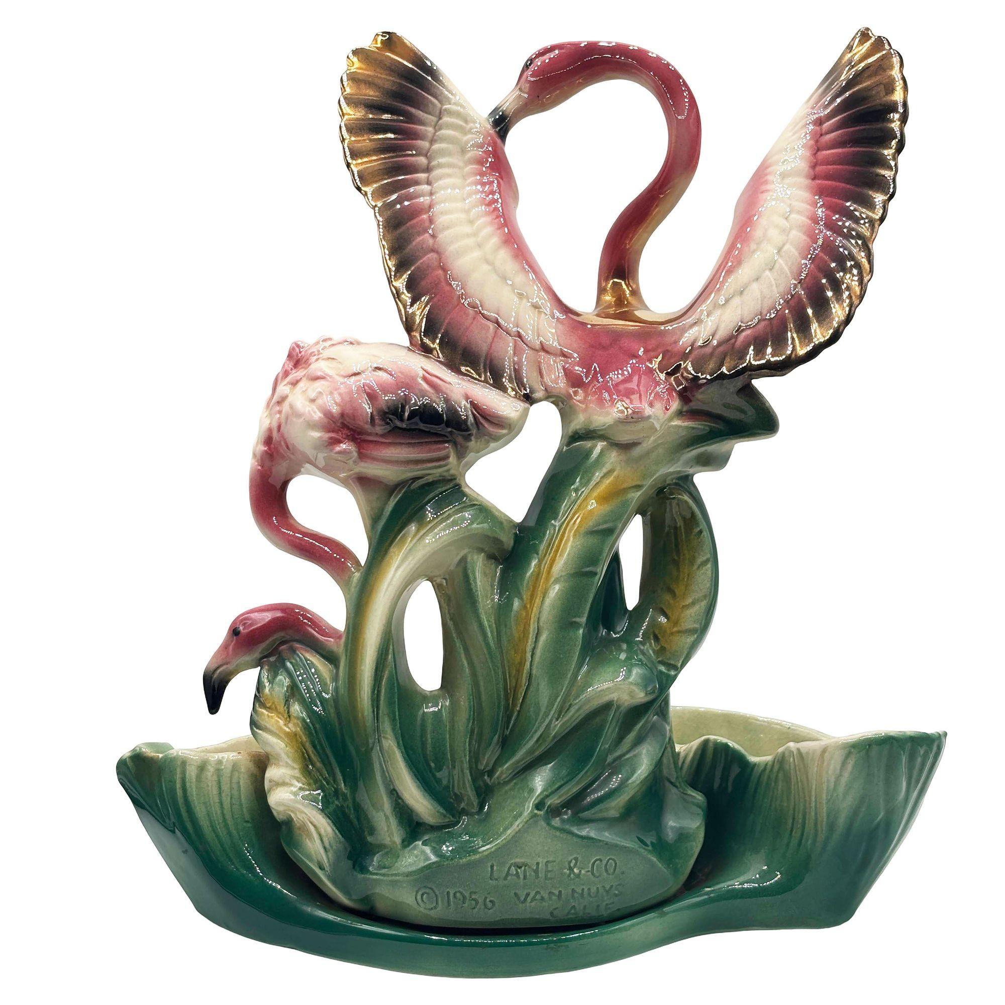 1956 Ceramic Flamingo Tropical Pond Indoor Planter by Lane & Company California In Good Condition For Sale In Van Nuys, CA