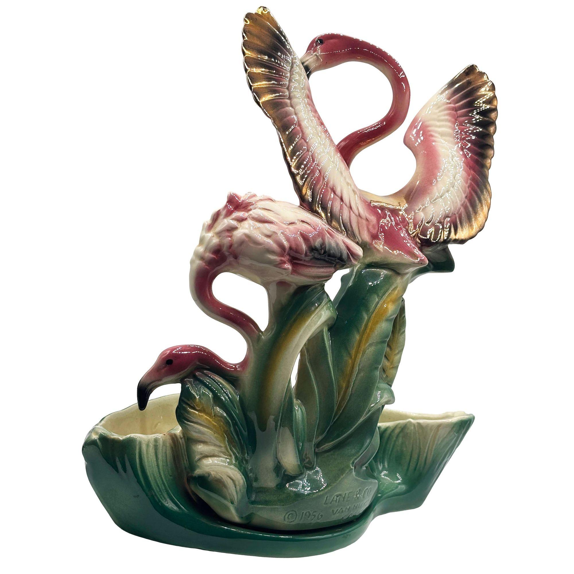 1956 Ceramic Flamingo Tropical Pond Indoor Planter by Lane & Company California For Sale 1