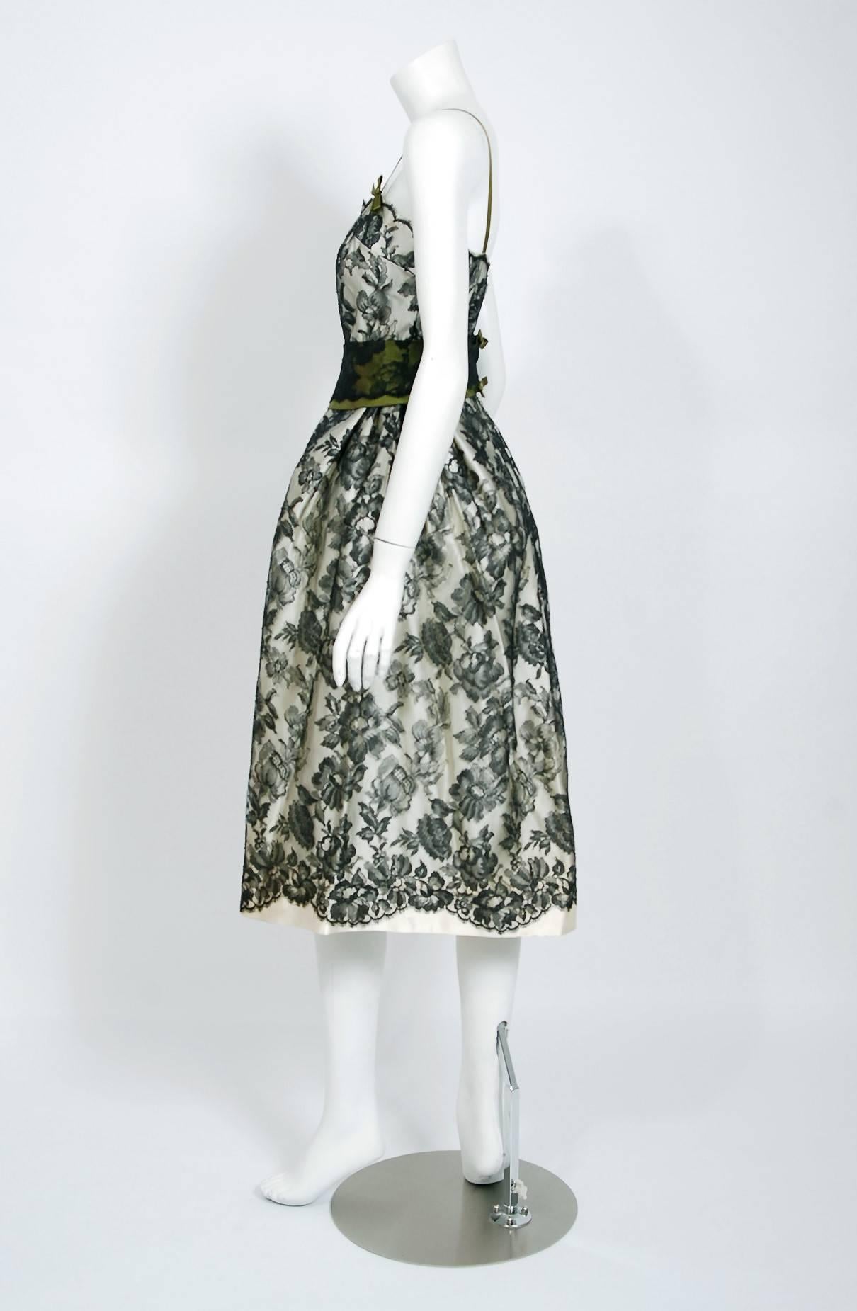 Women's 1956 Chloe Paris Couture Ivory Satin & Black Floral Lace Belted Cocktail Dress