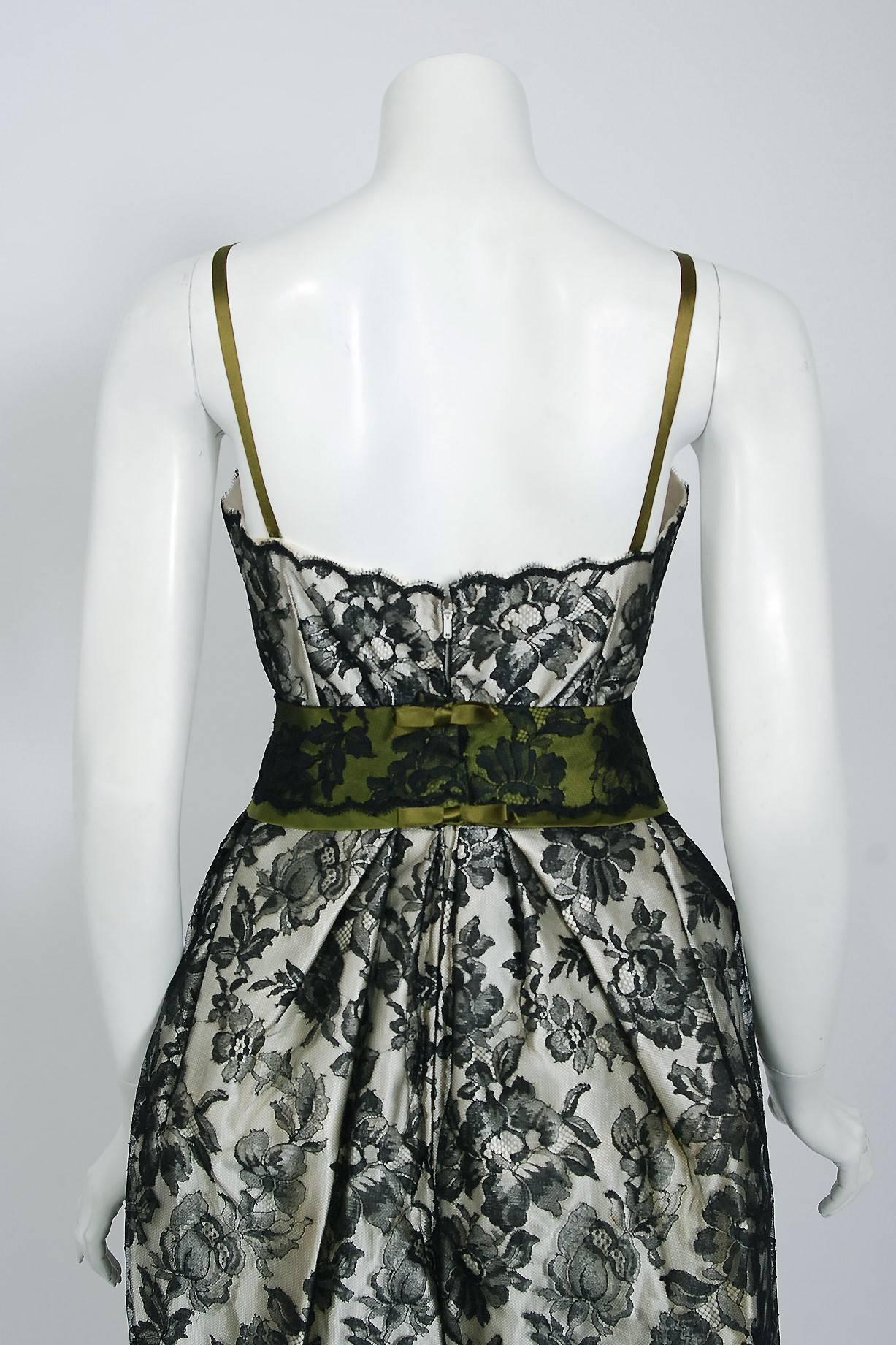 1956 Chloe Paris Couture Ivory Satin & Black Floral Lace Belted Cocktail Dress 2