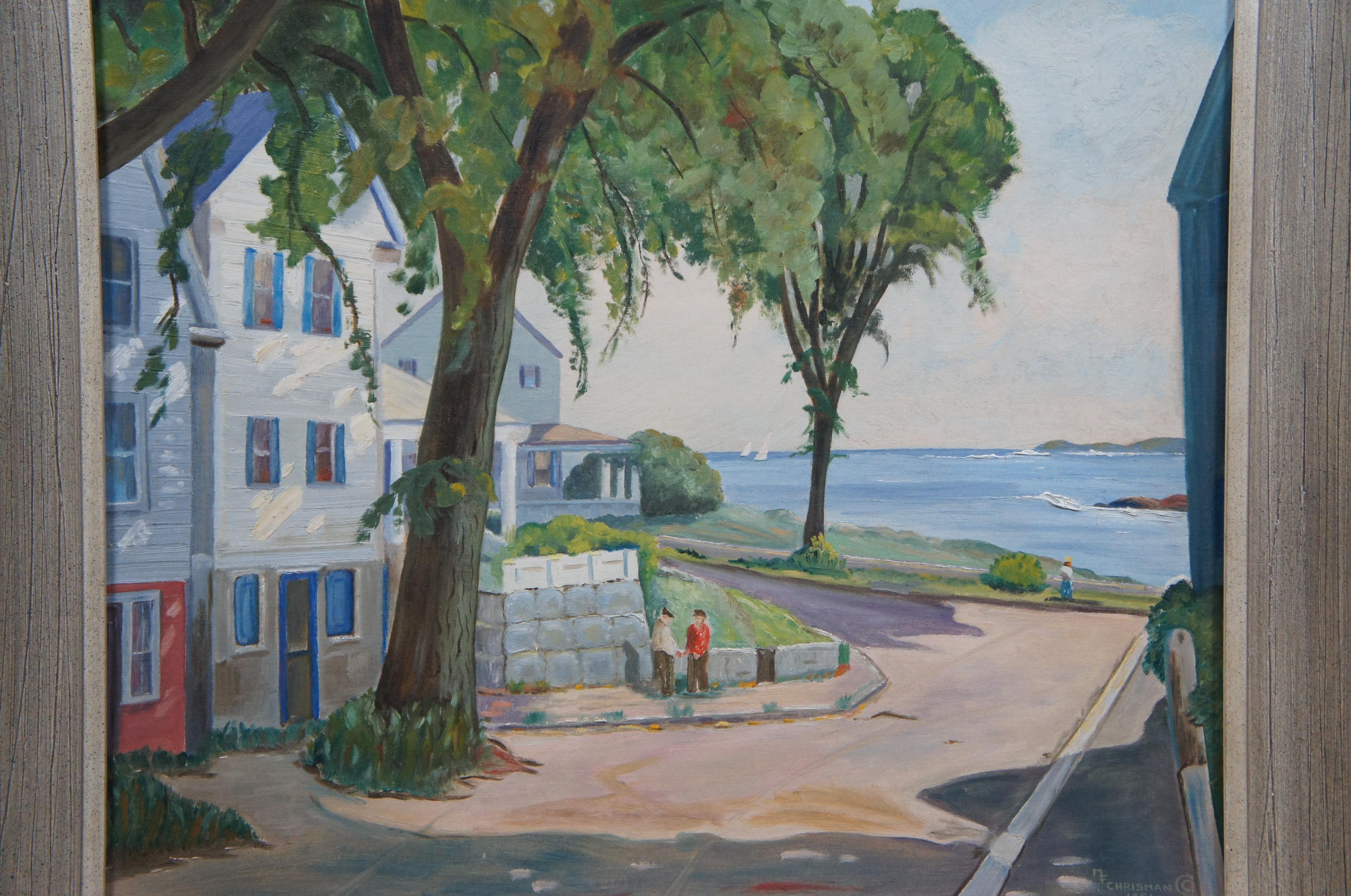 1956 Chrisman Oil Painting Coastal Ocean Landscape Figures Sailboat 1