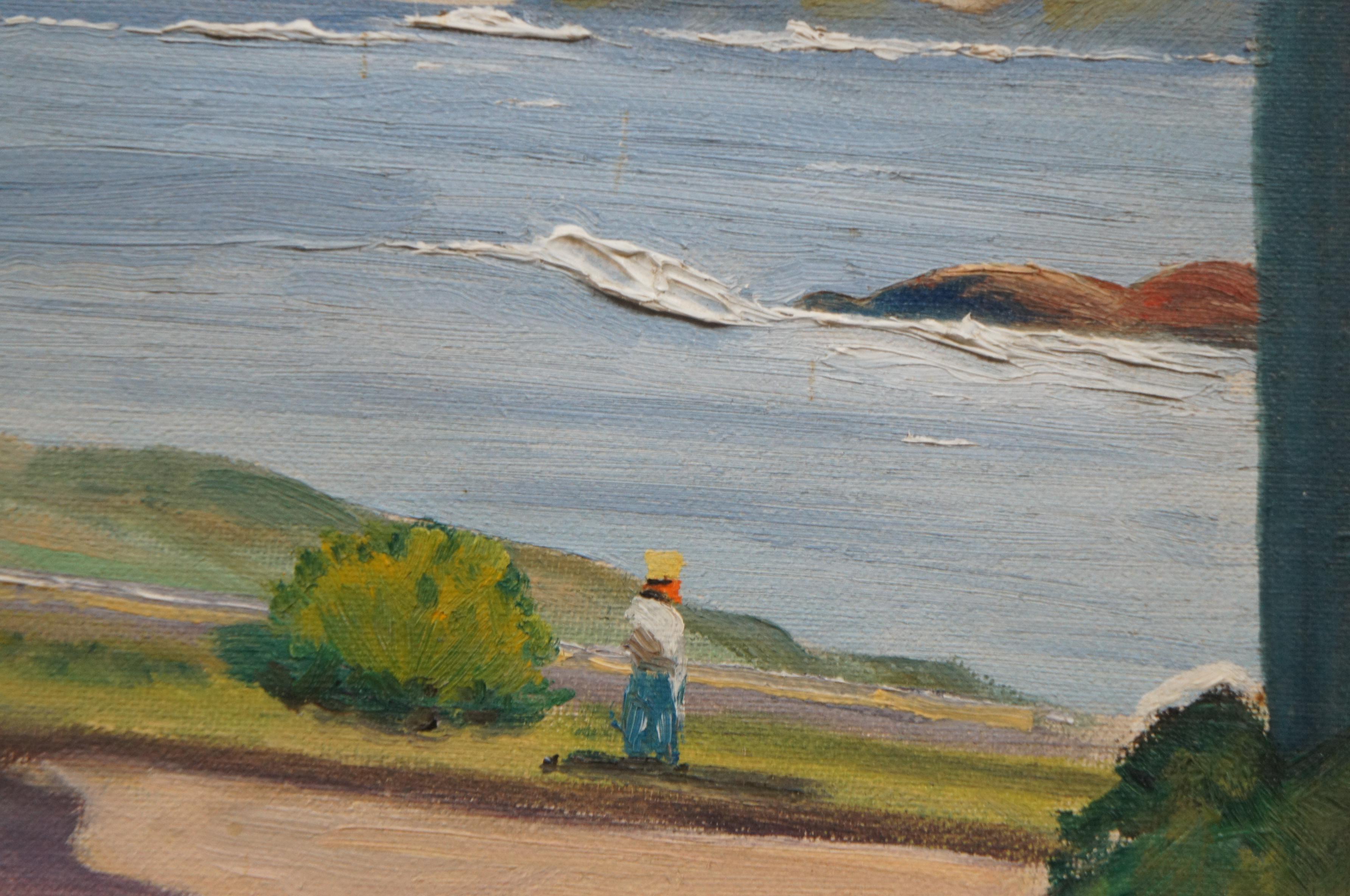 1956 Chrisman Oil Painting Coastal Ocean Landscape Figures Sailboat 4