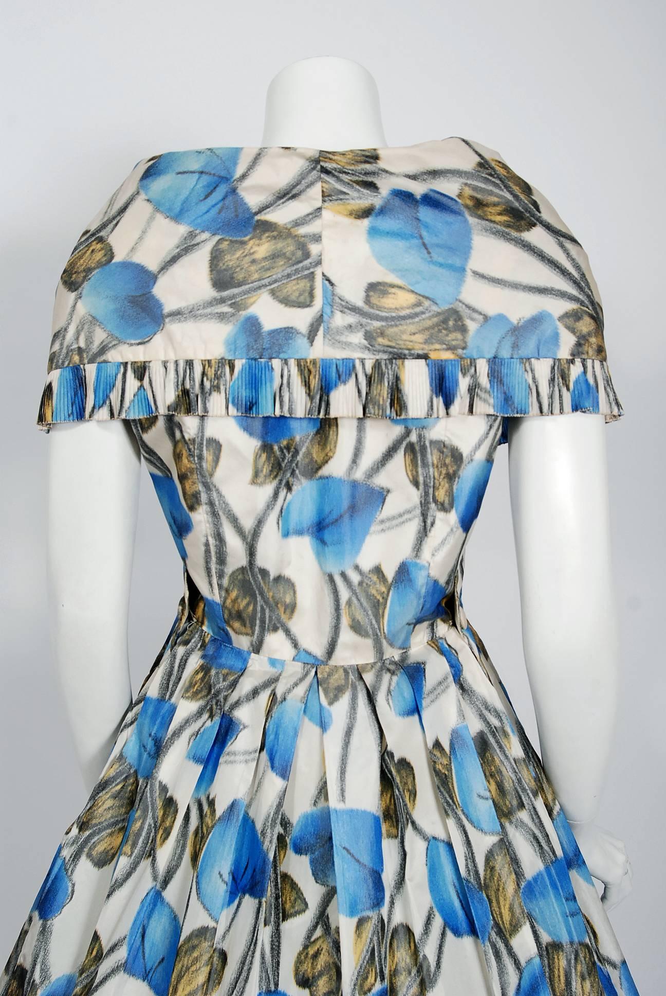Vintage 1956 Christian Dior Couture Blue Floral Silk Portrait Collar ...