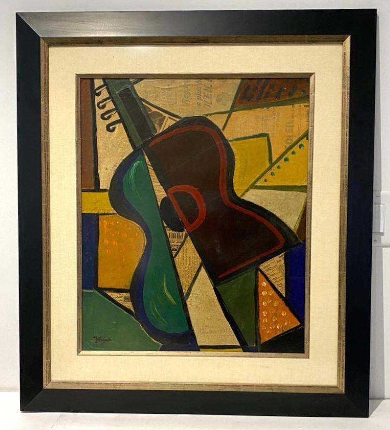 1956 Cubist Guitar Mixed Medium Painting by J Lacoste  For Sale 3