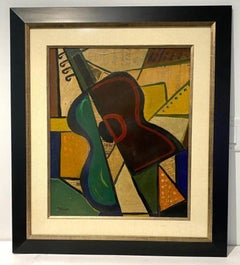 1956 Cubist Guitar Mixed Medium Painting by J Lacoste