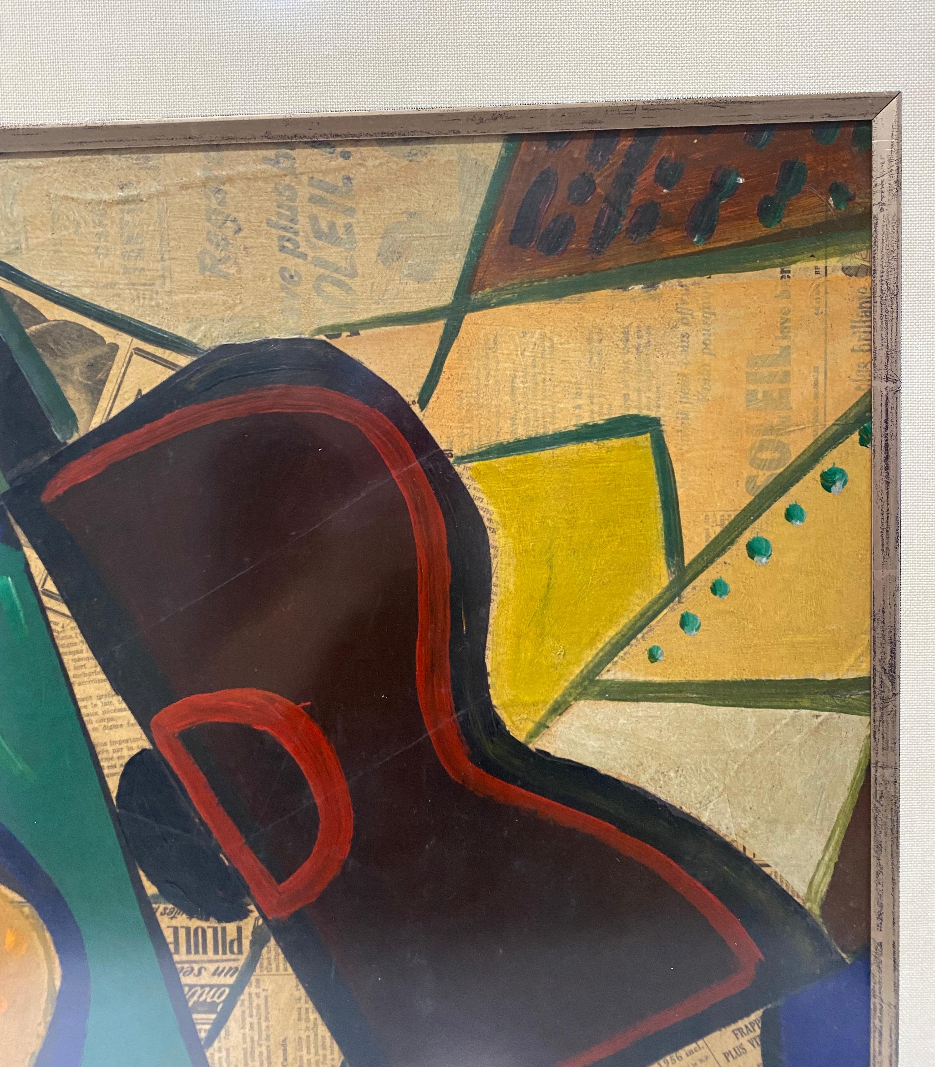 Modern 1956 Cubist Guitar Mixed Medium Painting by J Lacoste  For Sale