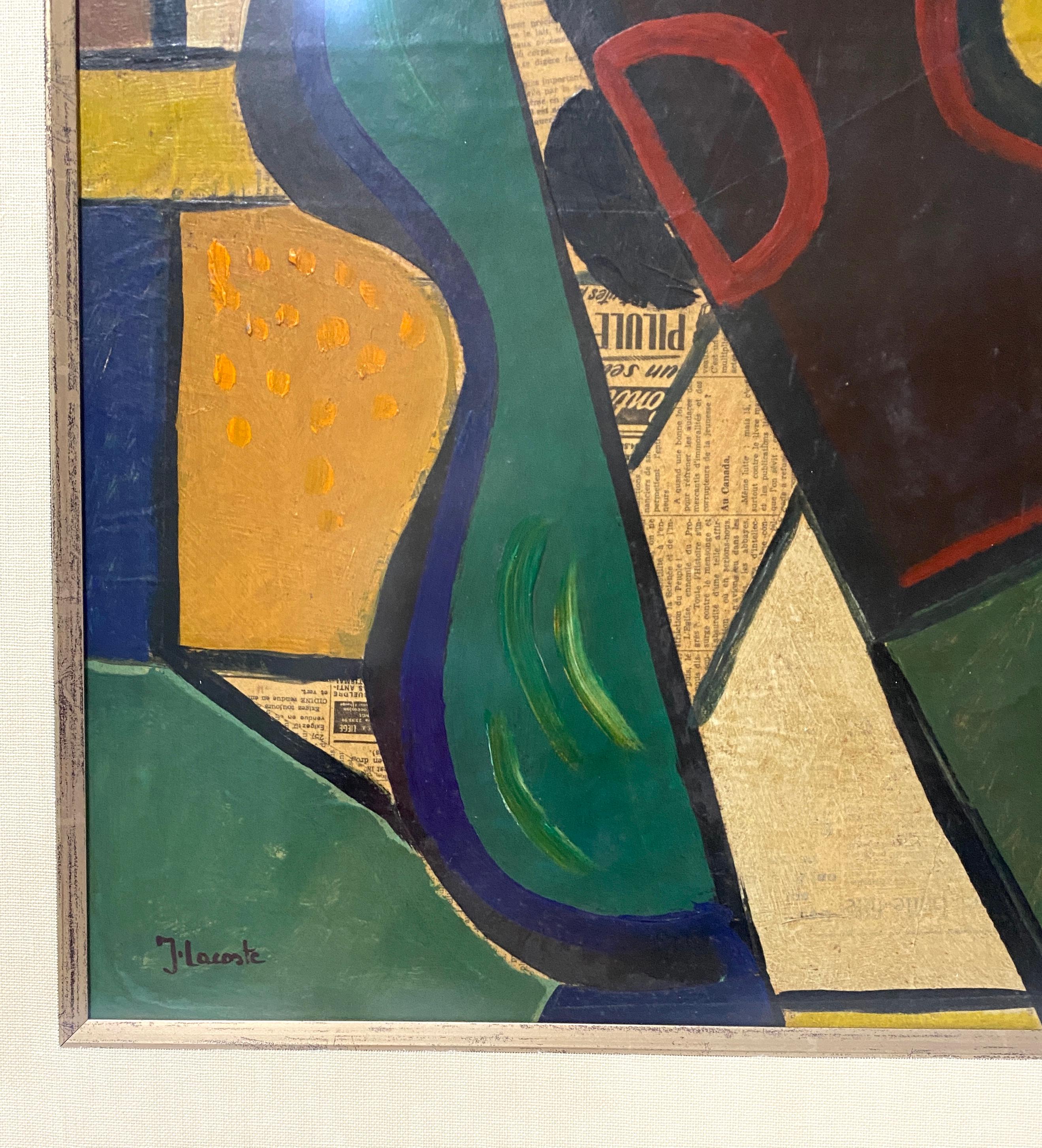 French 1956 Cubist Guitar Mixed Medium Painting by J Lacoste For Sale