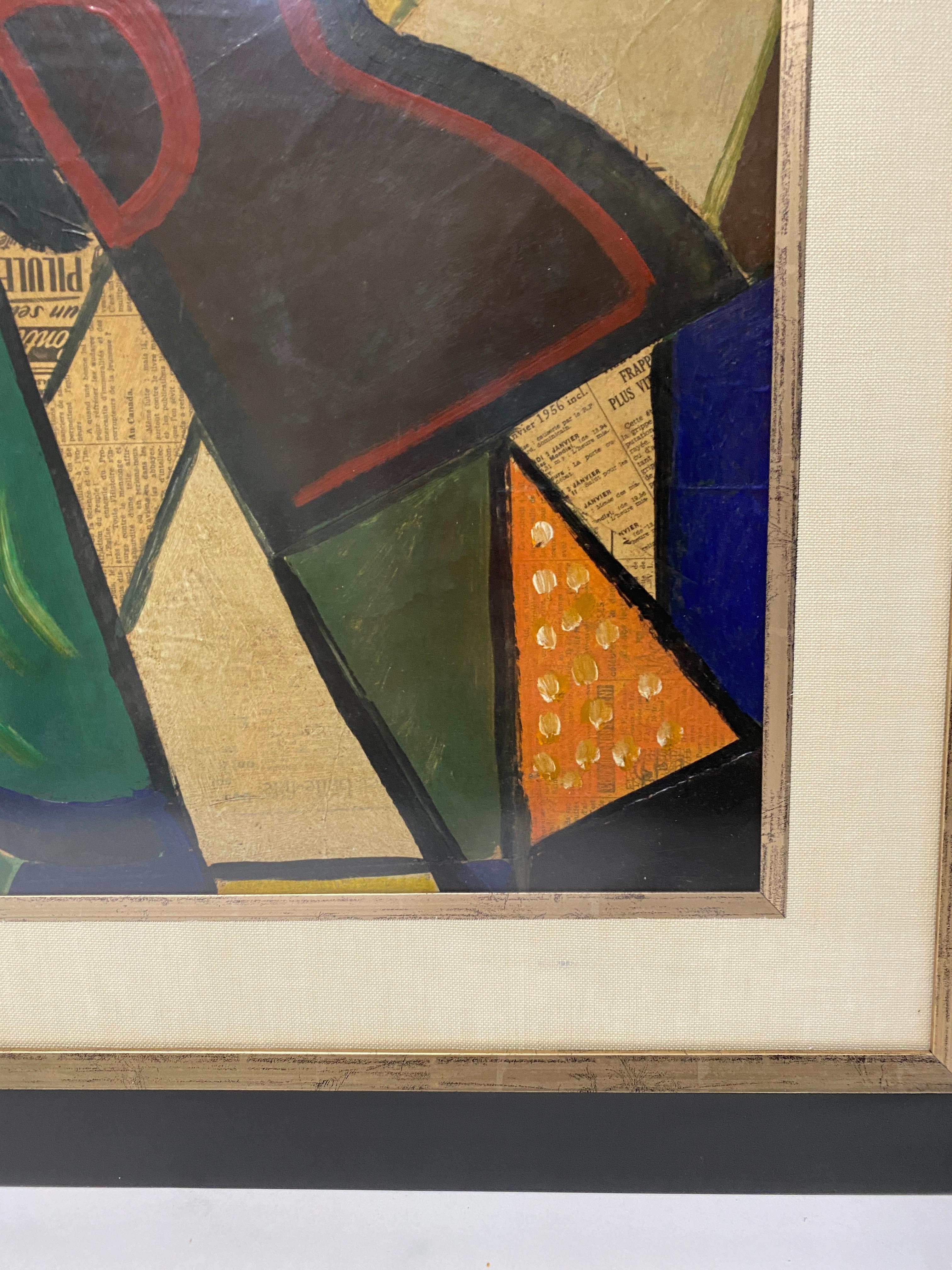 Hand-Crafted 1956 Cubist Guitar Mixed Medium Painting by J Lacoste  For Sale