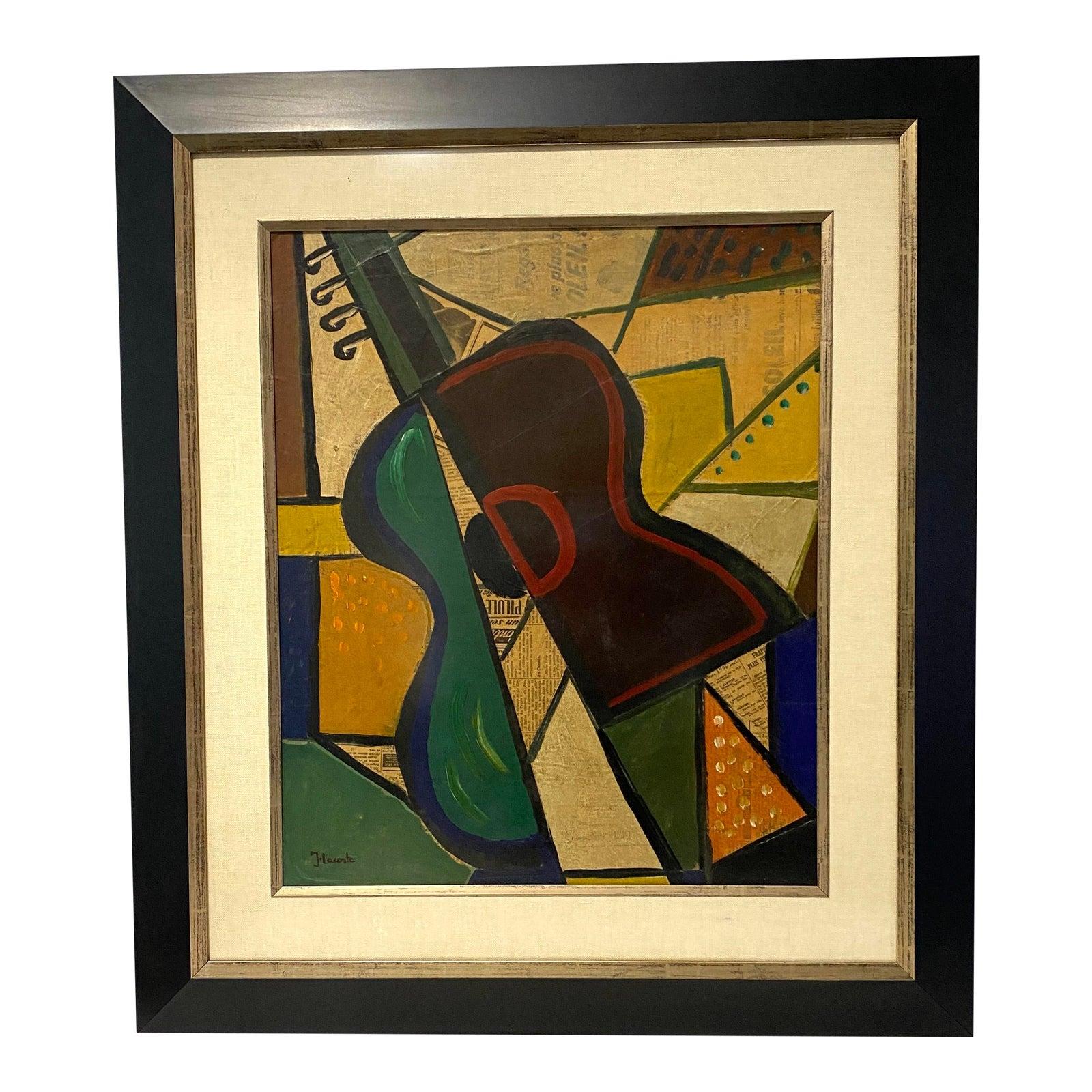 1956 Cubist Guitar Mixed Medium Painting by J Lacoste 