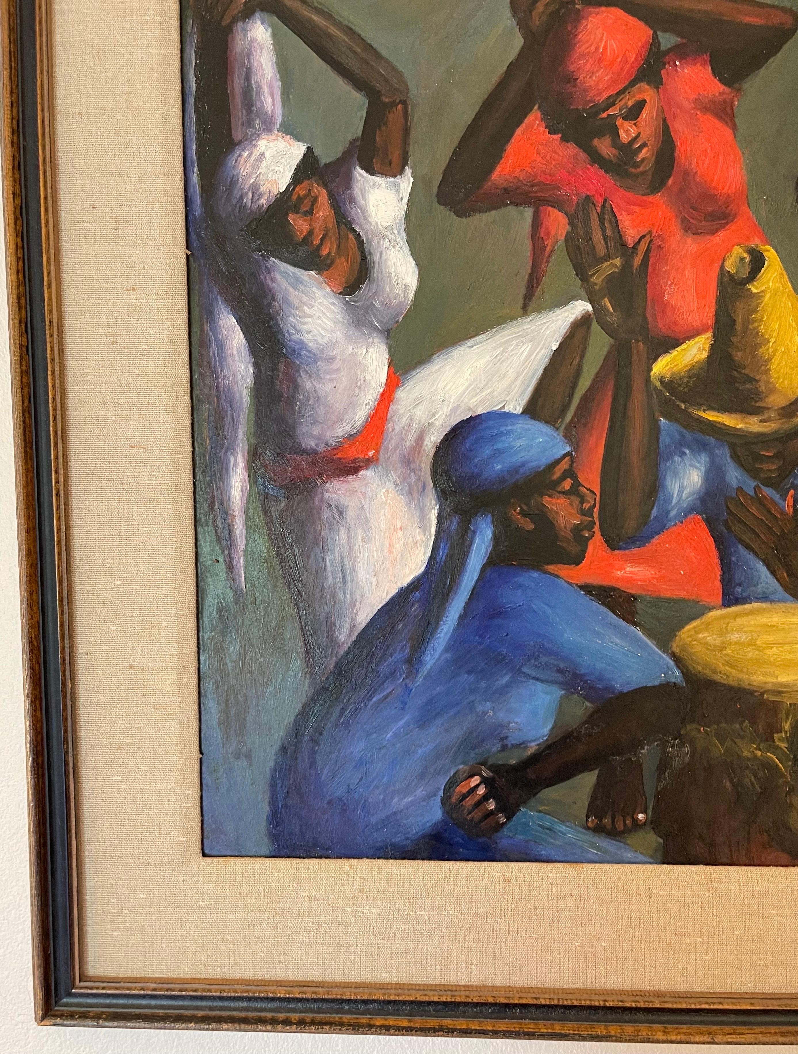 1956 Xaviar Amiana Dancers & Drummers painting. Oil on board. As found wood frame. Purchased directly from the artist in 1956 in Port Au Prince, Haiti by an American Diplomat. 
Frame is 32” wide x 28” tall. Painting is 23” wide x 19.5” tall