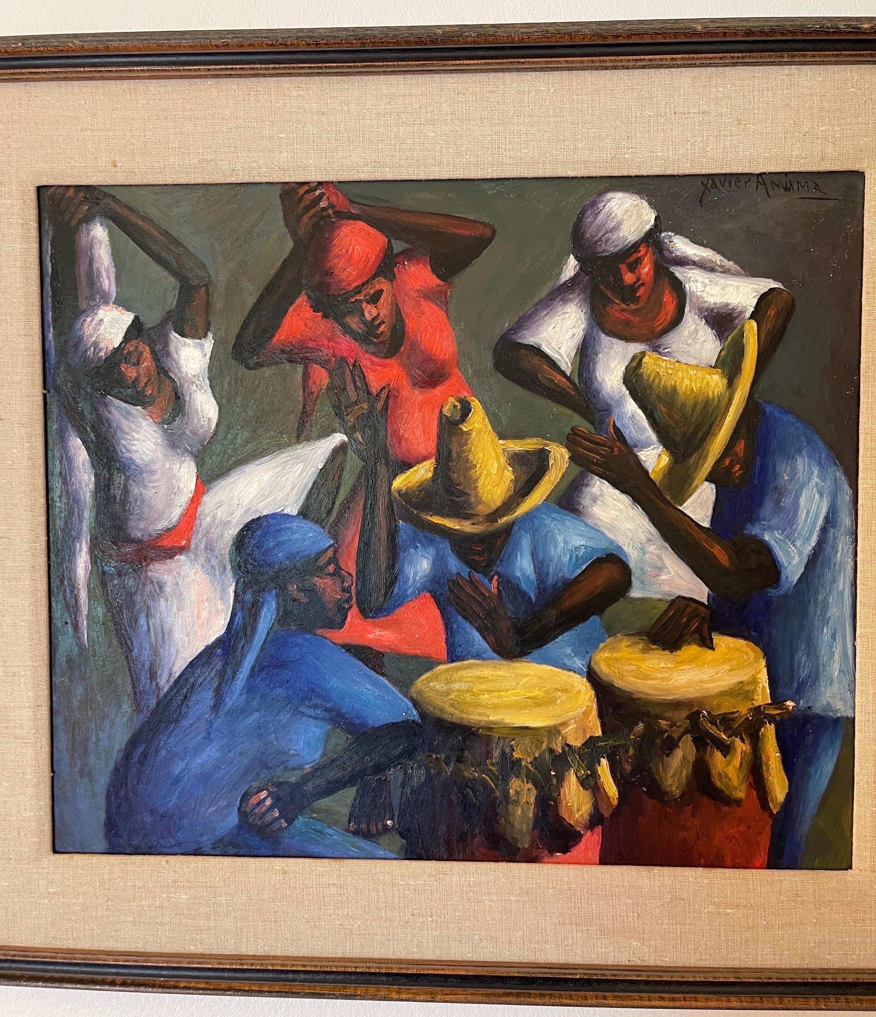 Painted 1956 Haiti Drummers and Dancers by Xaviar Amiana Painting For Sale