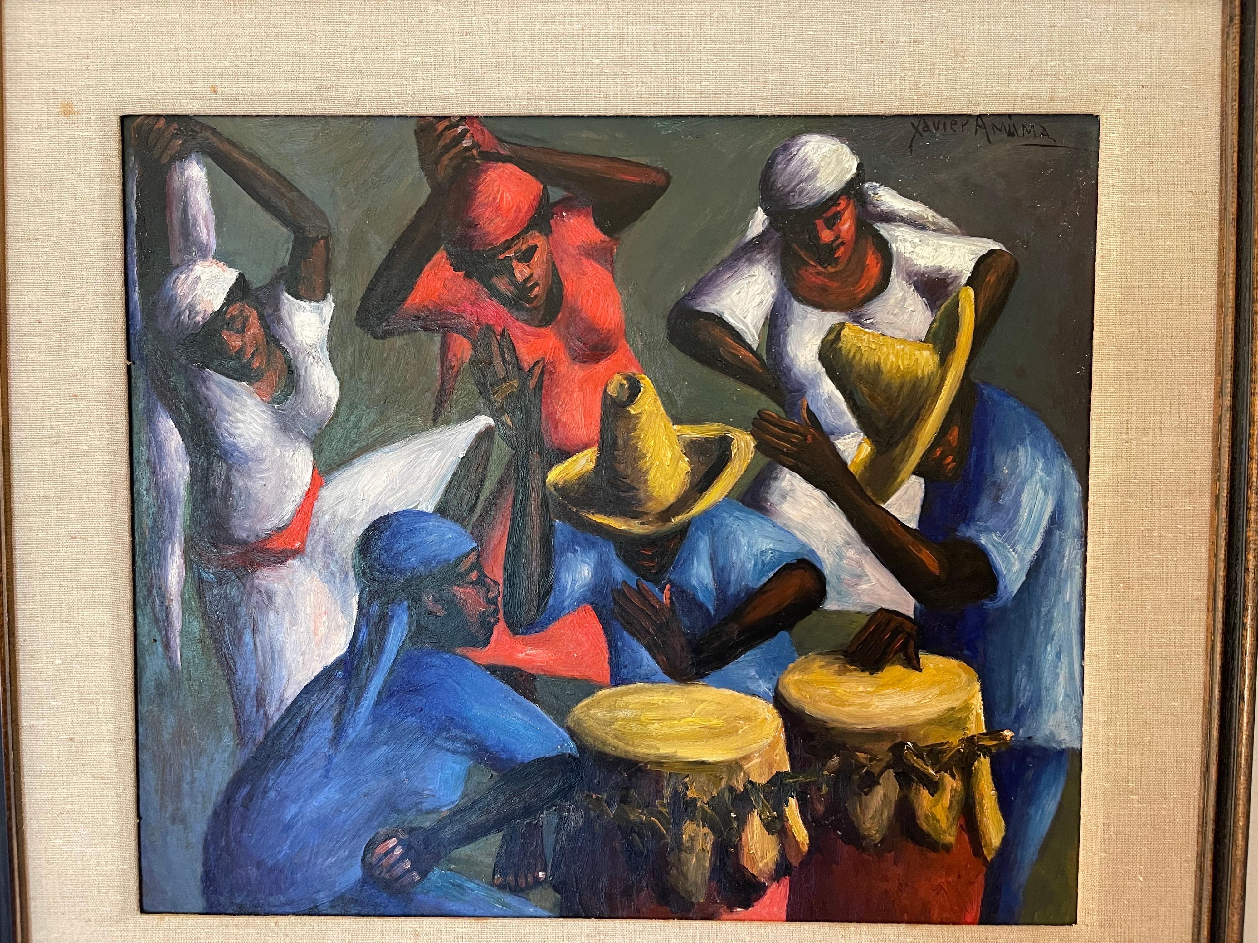 Mid-20th Century 1956 Haiti Drummers and Dancers by Xaviar Amiana Painting For Sale
