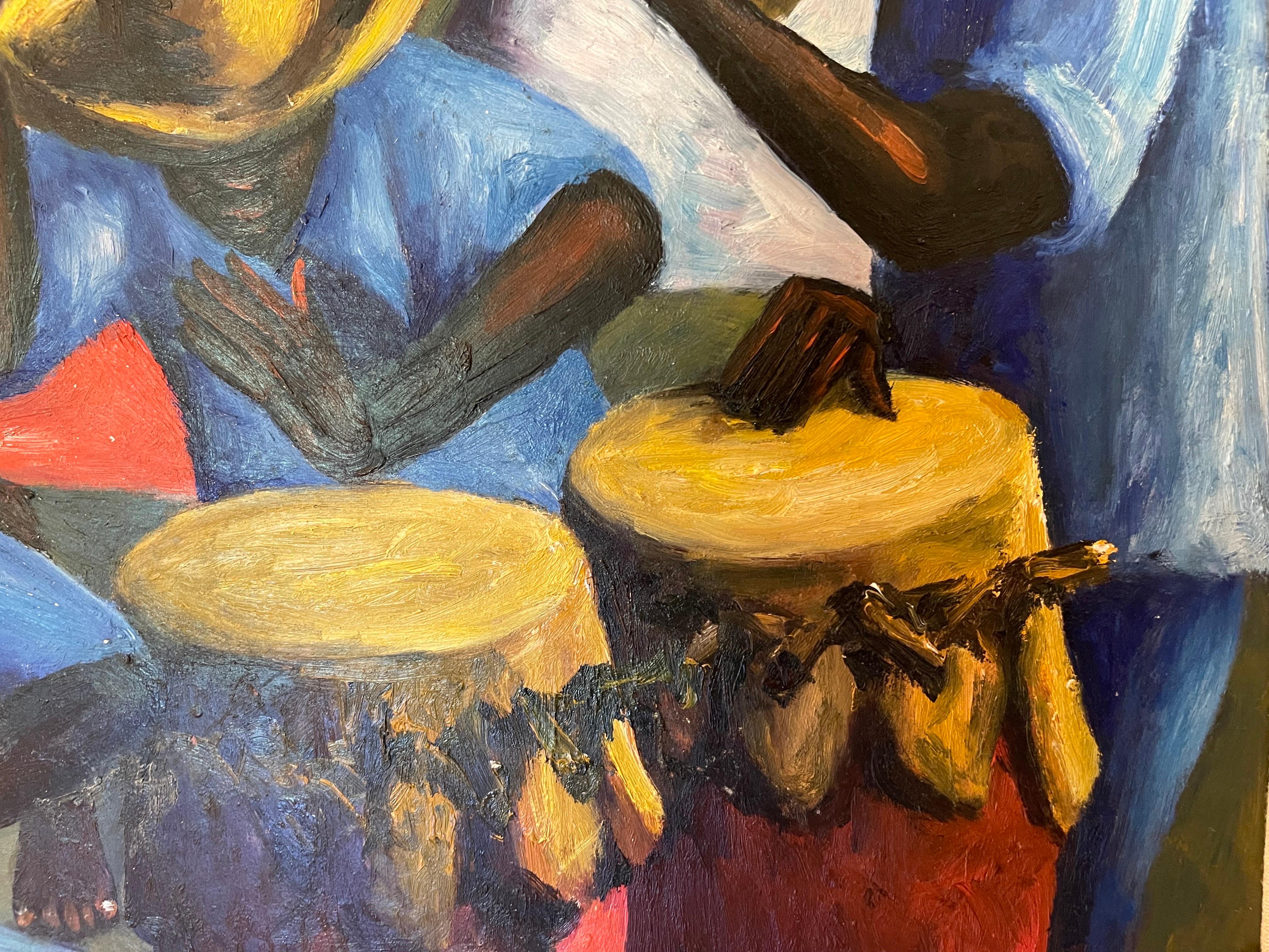 Wood 1956 Haiti Drummers and Dancers by Xaviar Amiana Painting For Sale