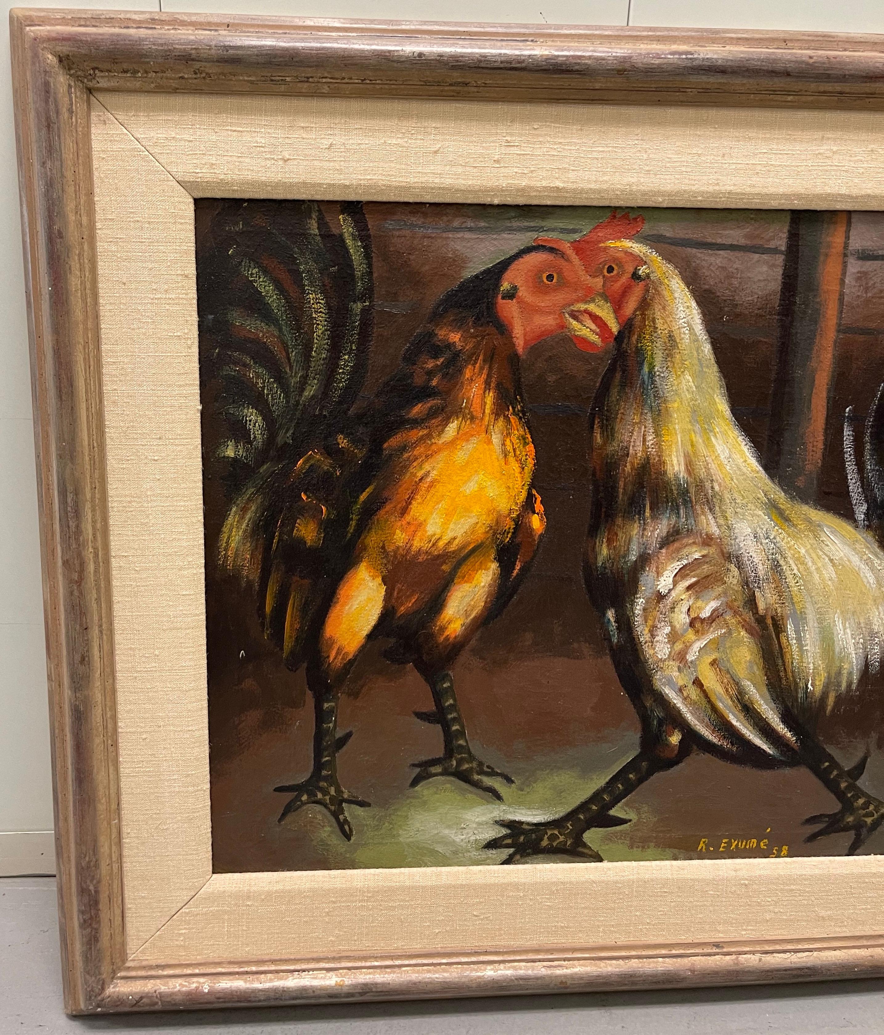 1956 Haitian Roosters Painting by Rene Exume. Oil on board. As found wood frame. Purchased directly from the artist in 1956 in Port Au Prince, Haiti by an American Diplomat.
