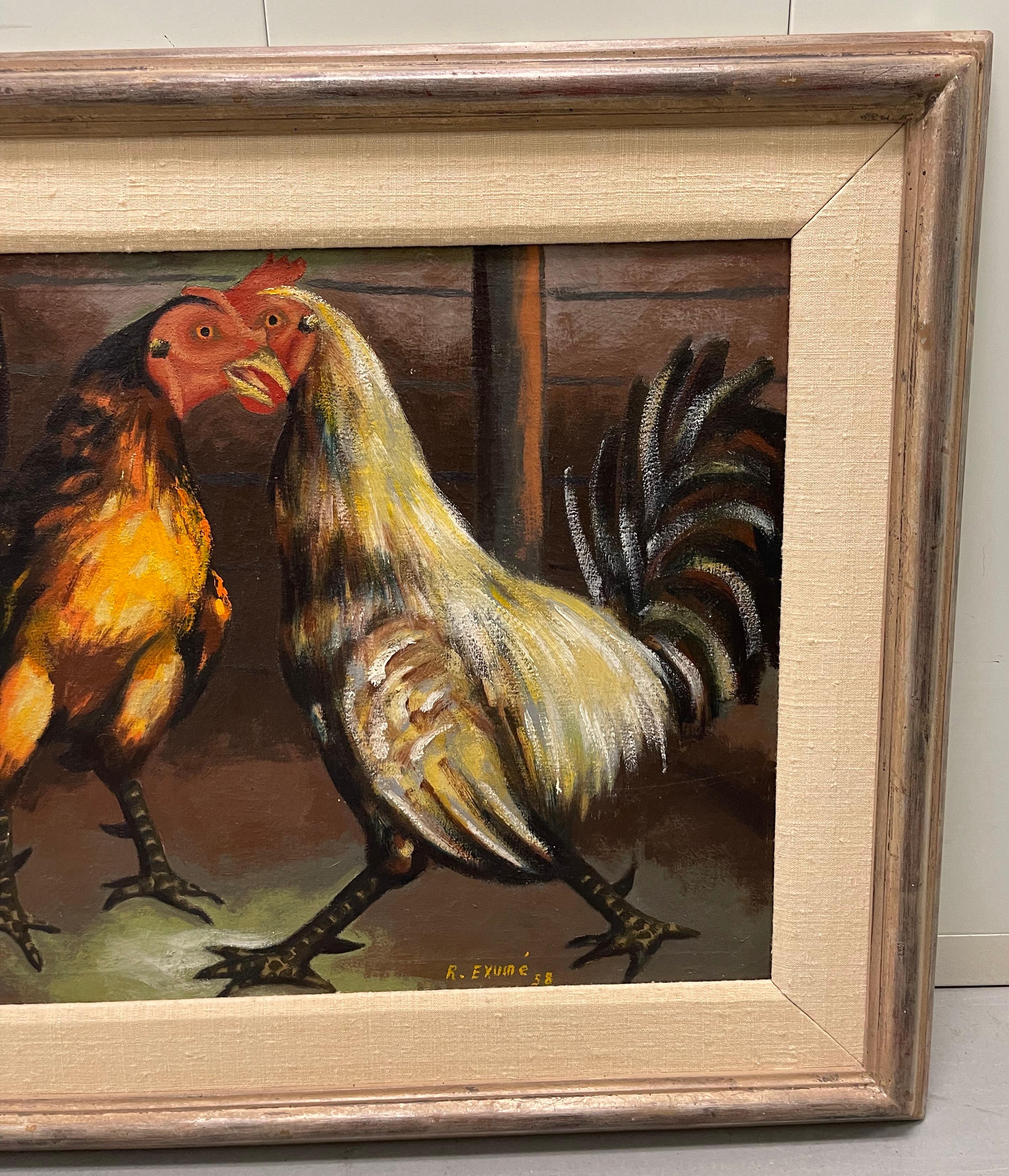 Folk Art 1956 Haitian Roosters Oil on Board Painting by Rene Exume For Sale