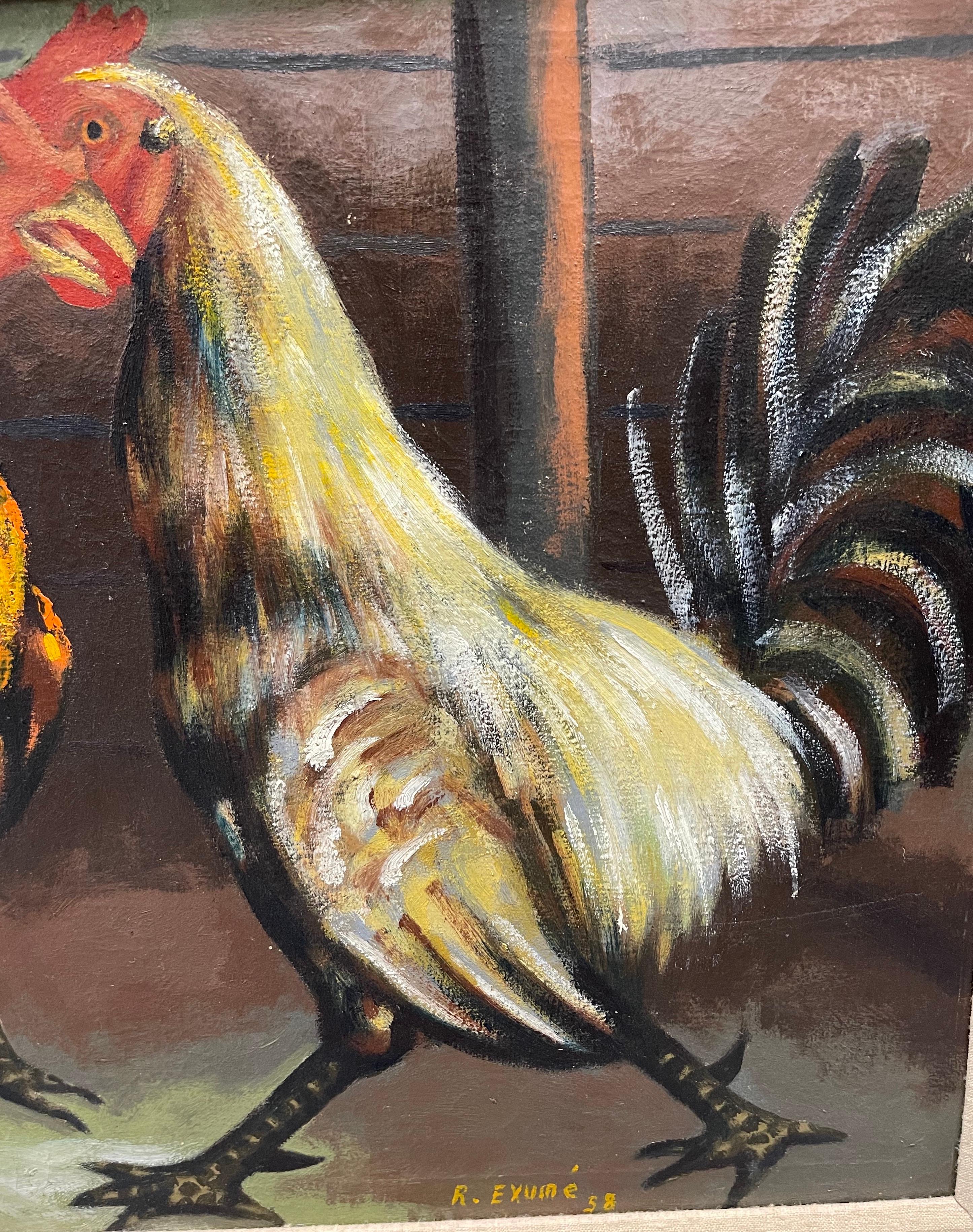 Mid-20th Century 1956 Haitian Roosters Oil on Board Painting by Rene Exume For Sale
