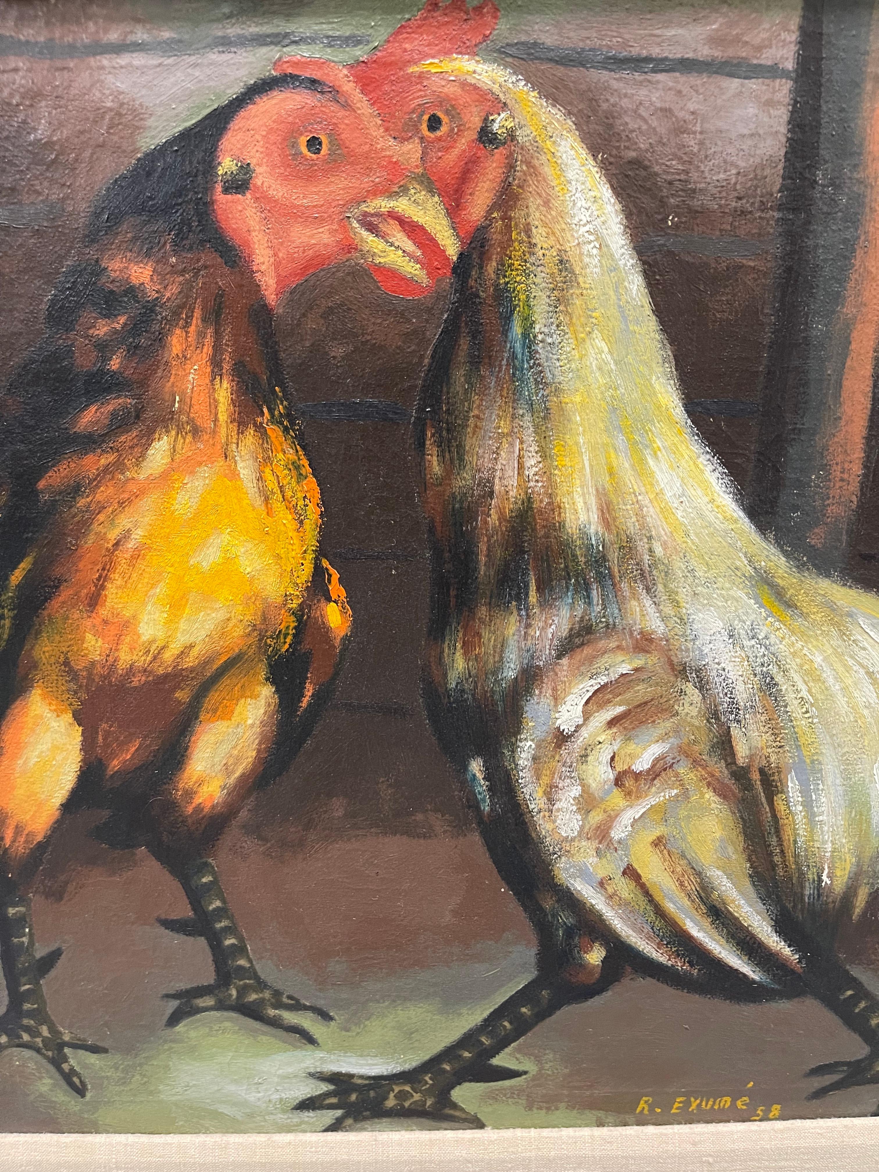 Masonite 1956 Haitian Roosters Oil on Board Painting by Rene Exume For Sale