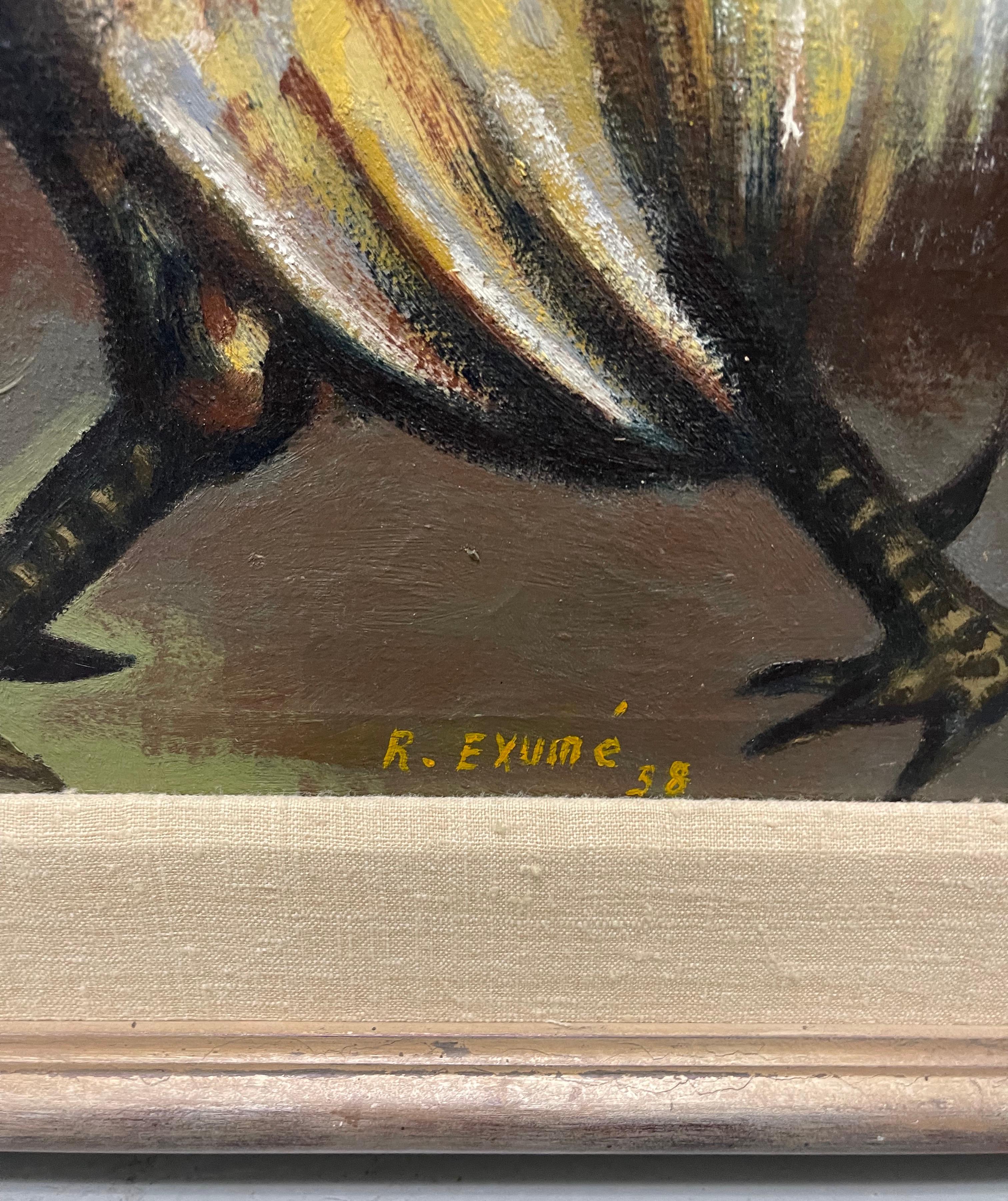 1956 Haitian Roosters Oil on Board Painting by Rene Exume For Sale 2