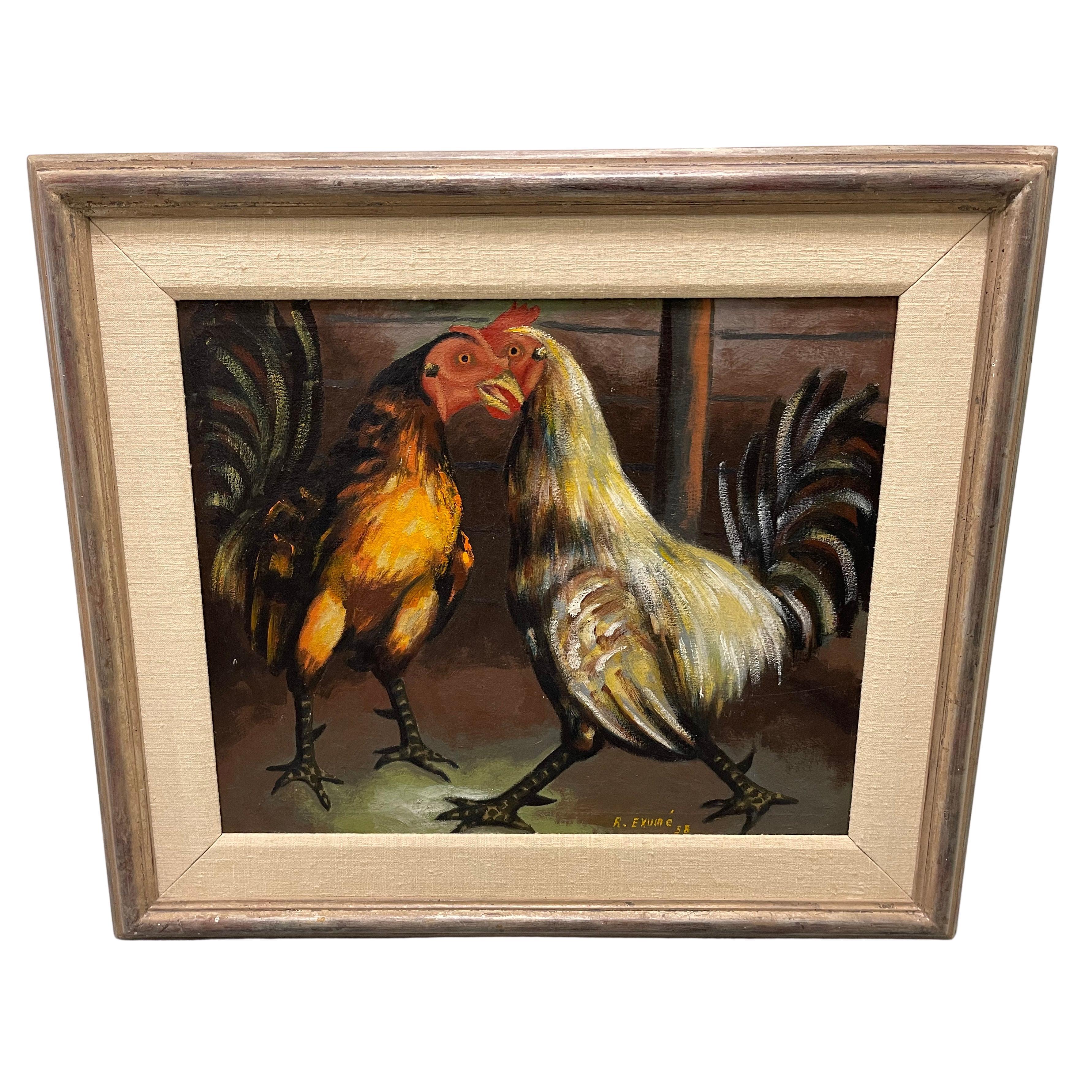 1956 Gallos haitianos Pintura al óleo sobre tabla de René Exume