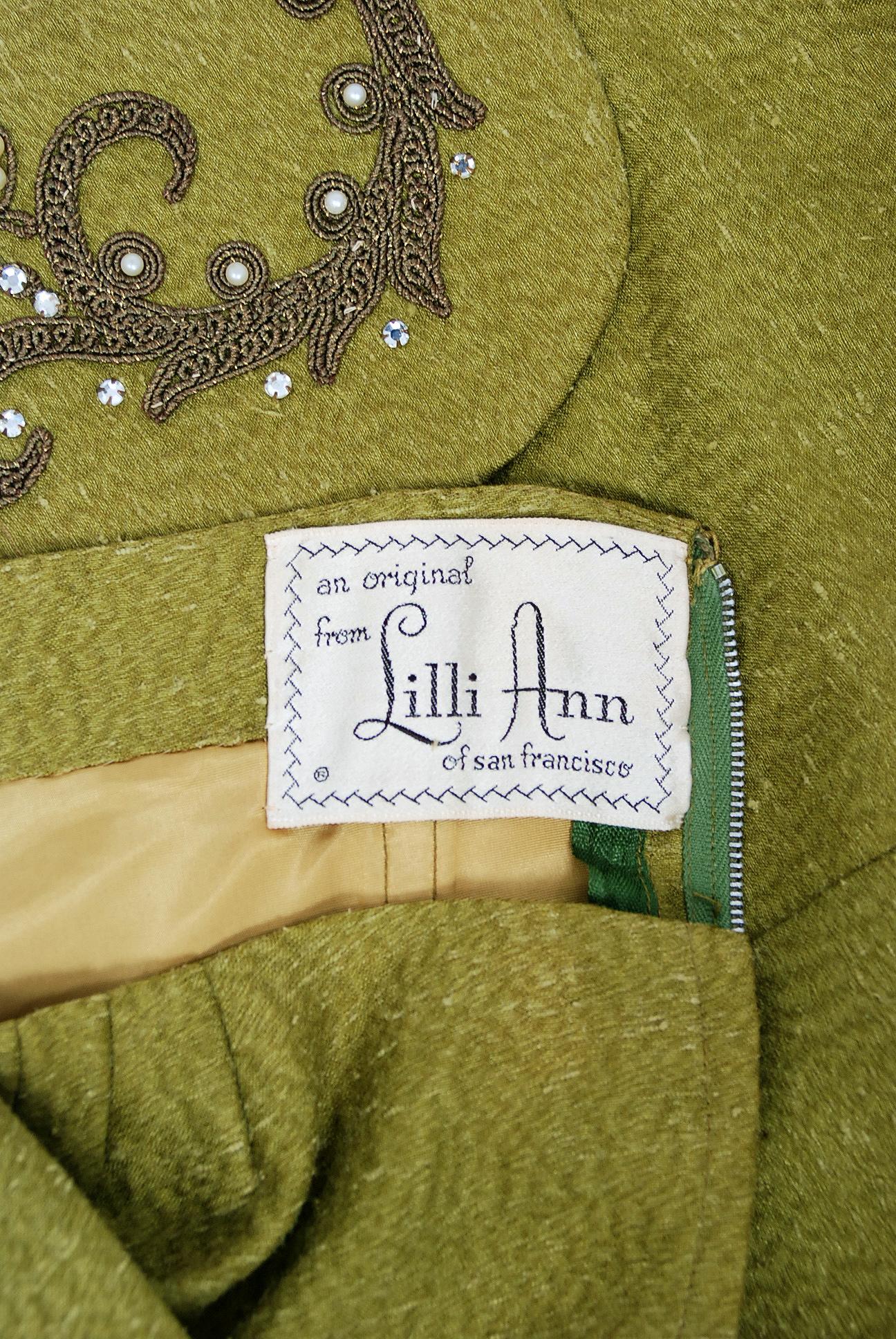 1954 Lilli-Ann Documented Olive Embroidered Jeweled Silk Halter Cocktail Dress 5