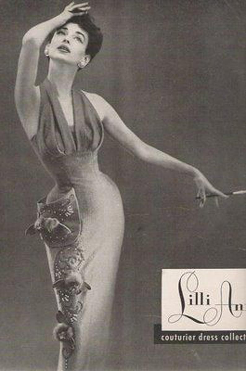 Gorgeous and extremely rare-to-find 1954 documented Lilli-Ann cocktail dress. Lilli Ann was started in San Francisco in 1933 by Adolph Schuman, naming his company for his wife, Lillian. The company became known for their beautiful, elaborately