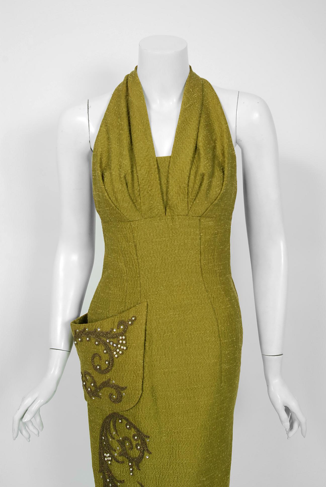 Brown 1954 Lilli-Ann Documented Olive Embroidered Jeweled Silk Halter Cocktail Dress
