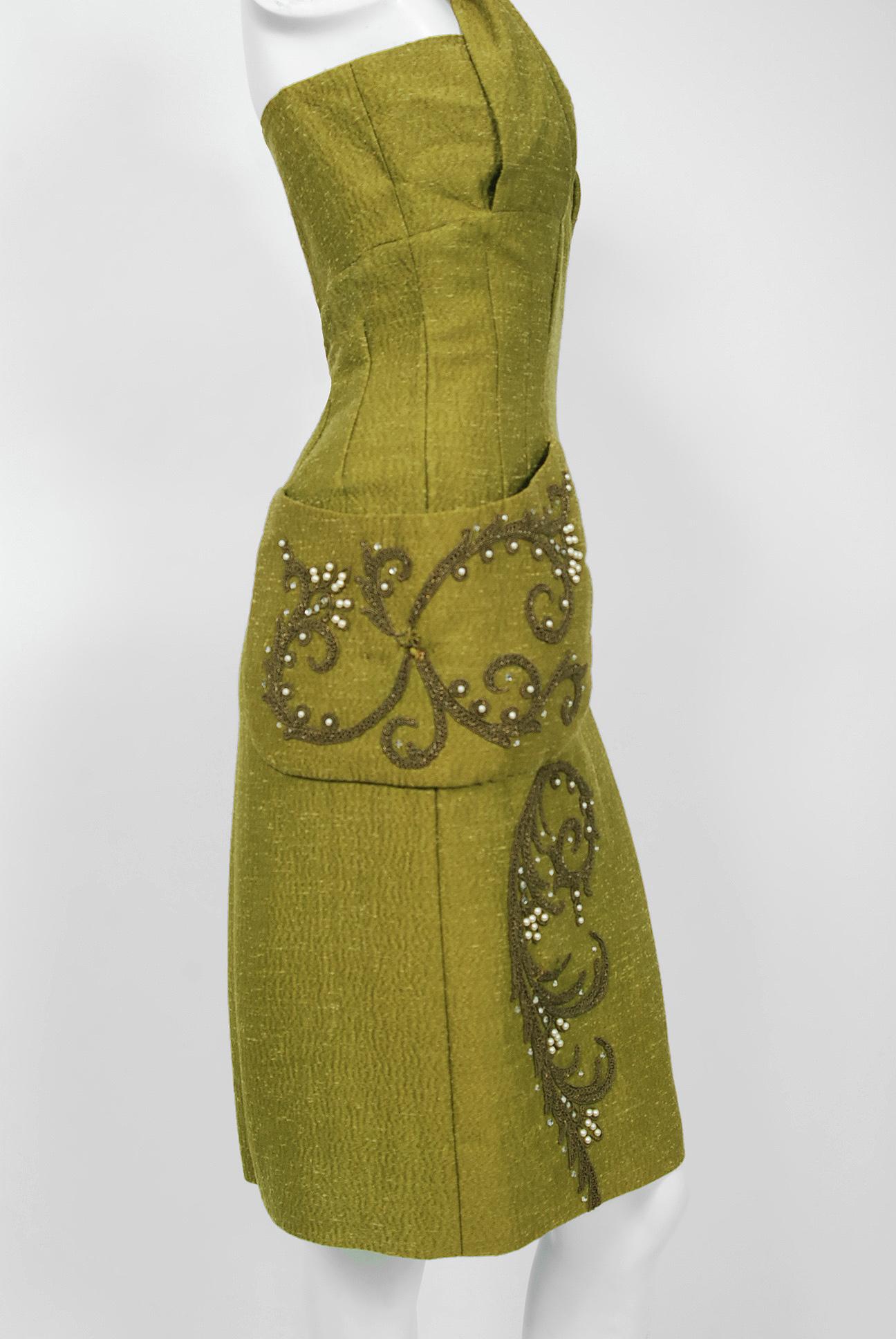 Women's 1954 Lilli-Ann Documented Olive Embroidered Jeweled Silk Halter Cocktail Dress