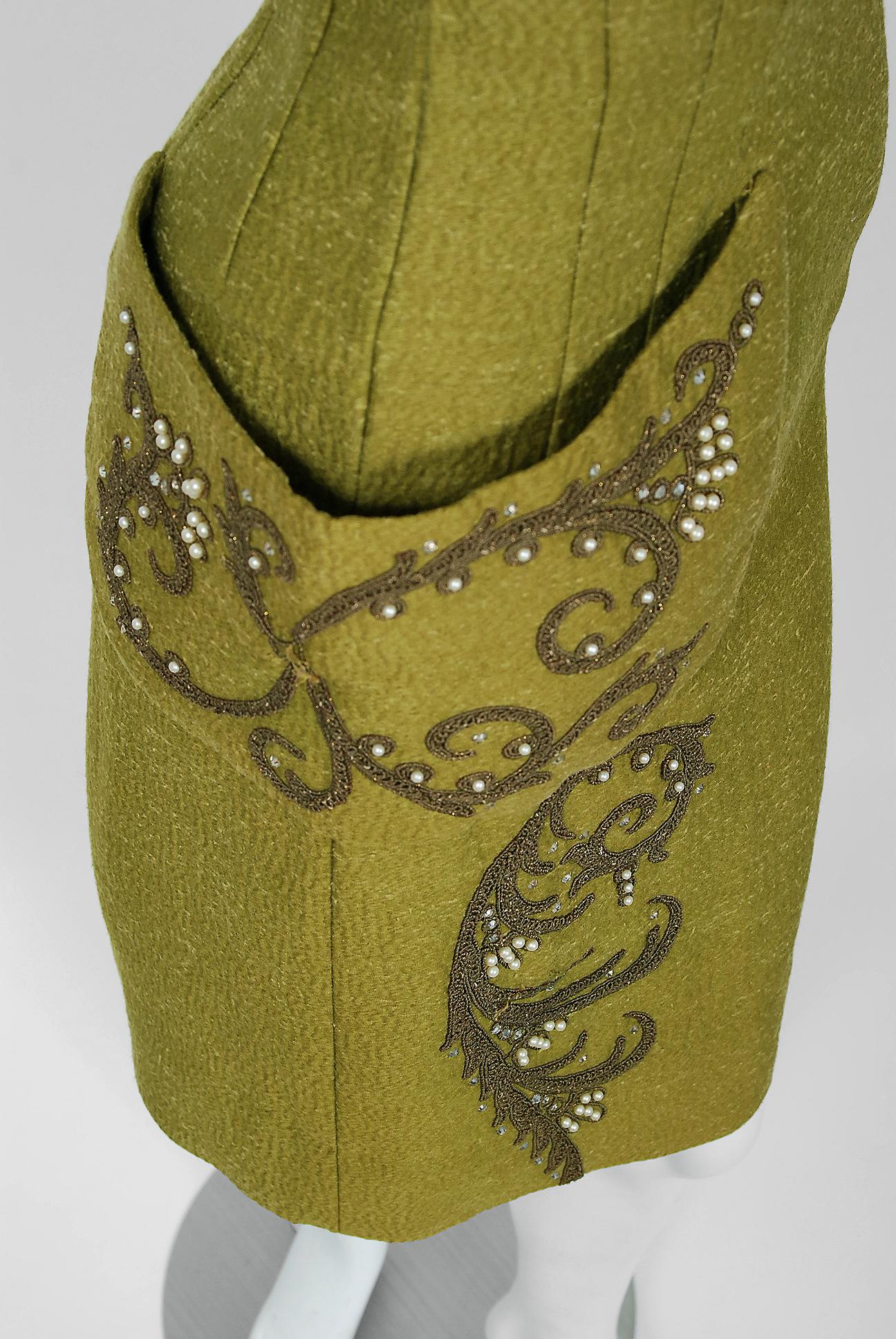 1954 Lilli-Ann Documented Olive Embroidered Jeweled Silk Halter Cocktail Dress 1